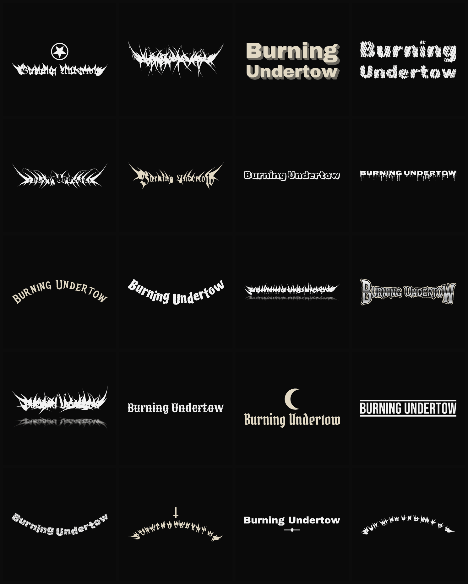 Twenty Burning Undertow band logo ideas — different faces, treatments and spike settings