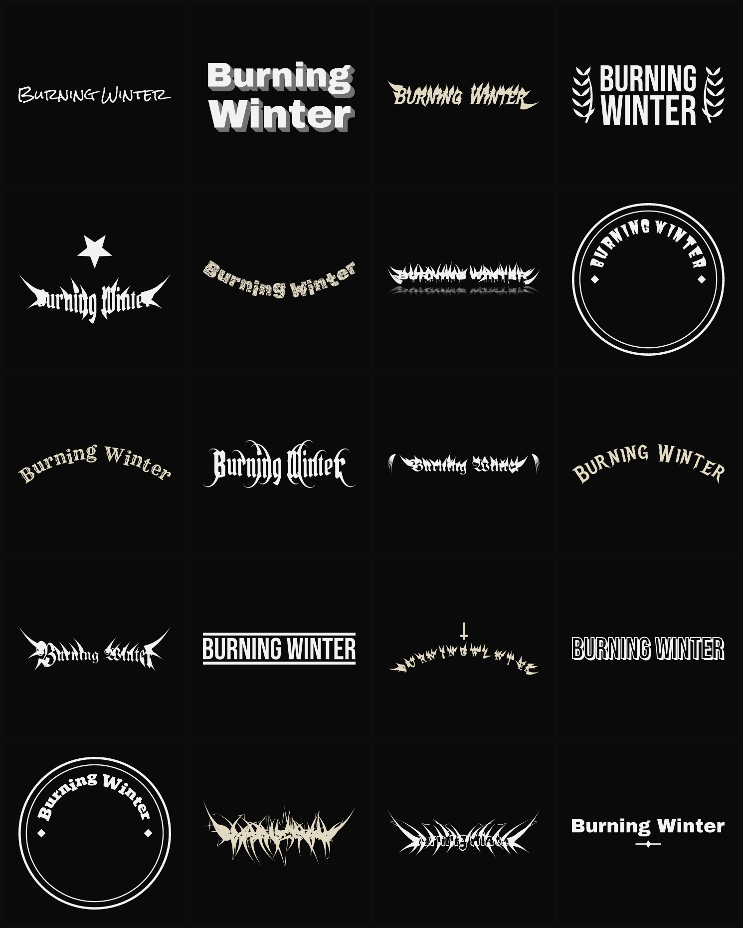 Twenty Burning Winter band logo ideas — different faces, treatments and spike settings