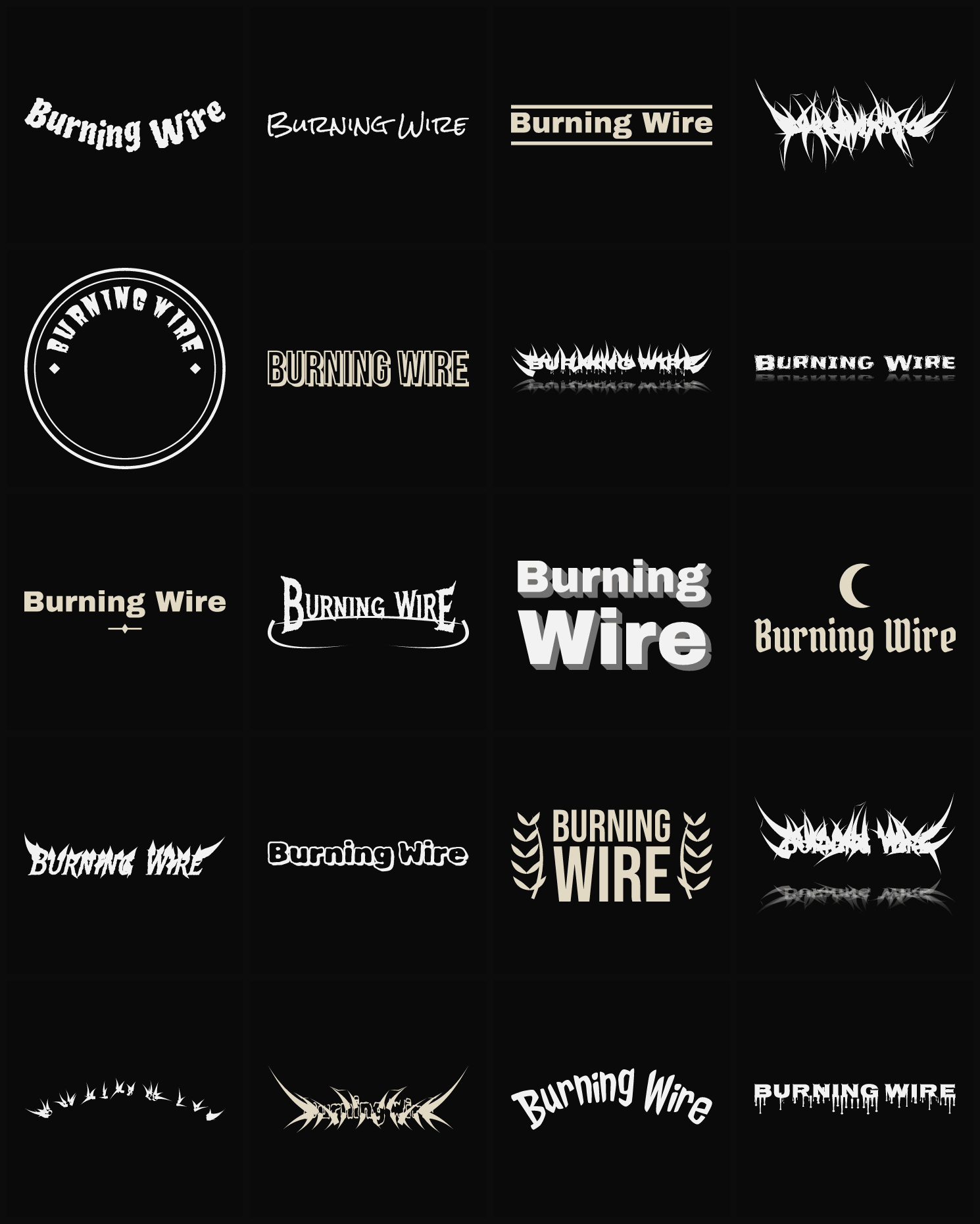 Twenty Burning Wire band logo ideas — different faces, treatments and spike settings
