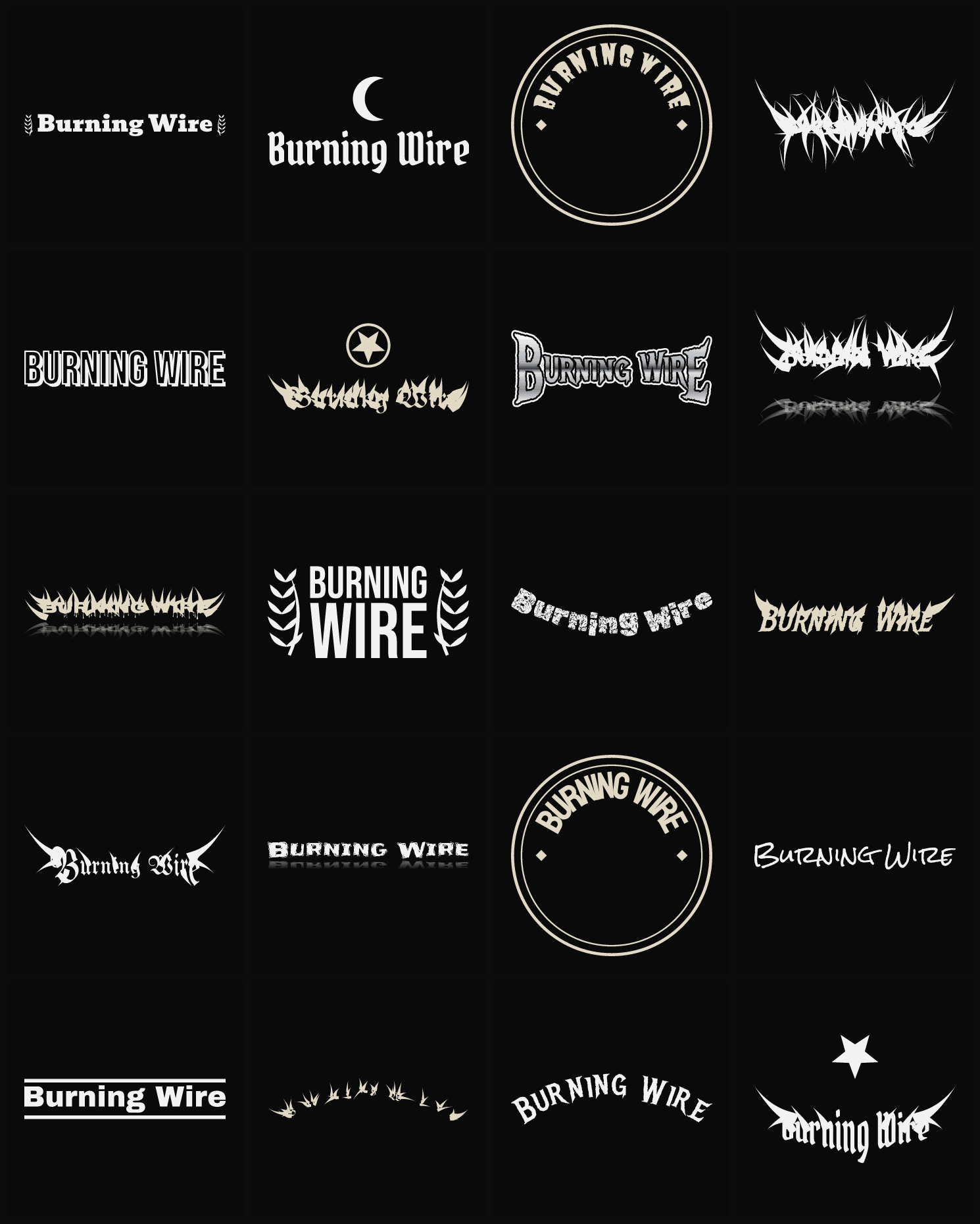 Twenty Burning Wire band logo ideas — different faces, treatments and spike settings