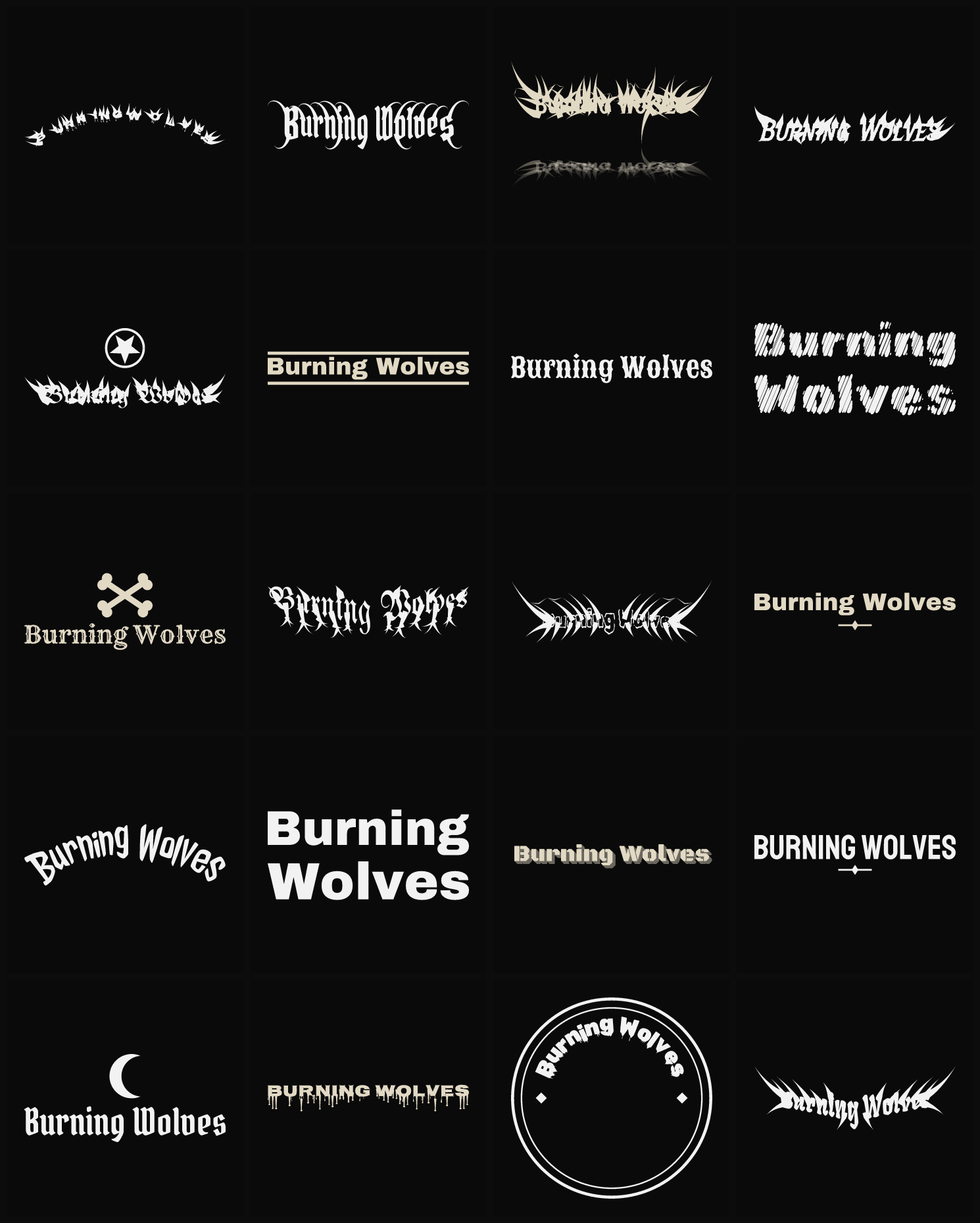 Twenty Burning Wolves band logo ideas — different faces, treatments and spike settings