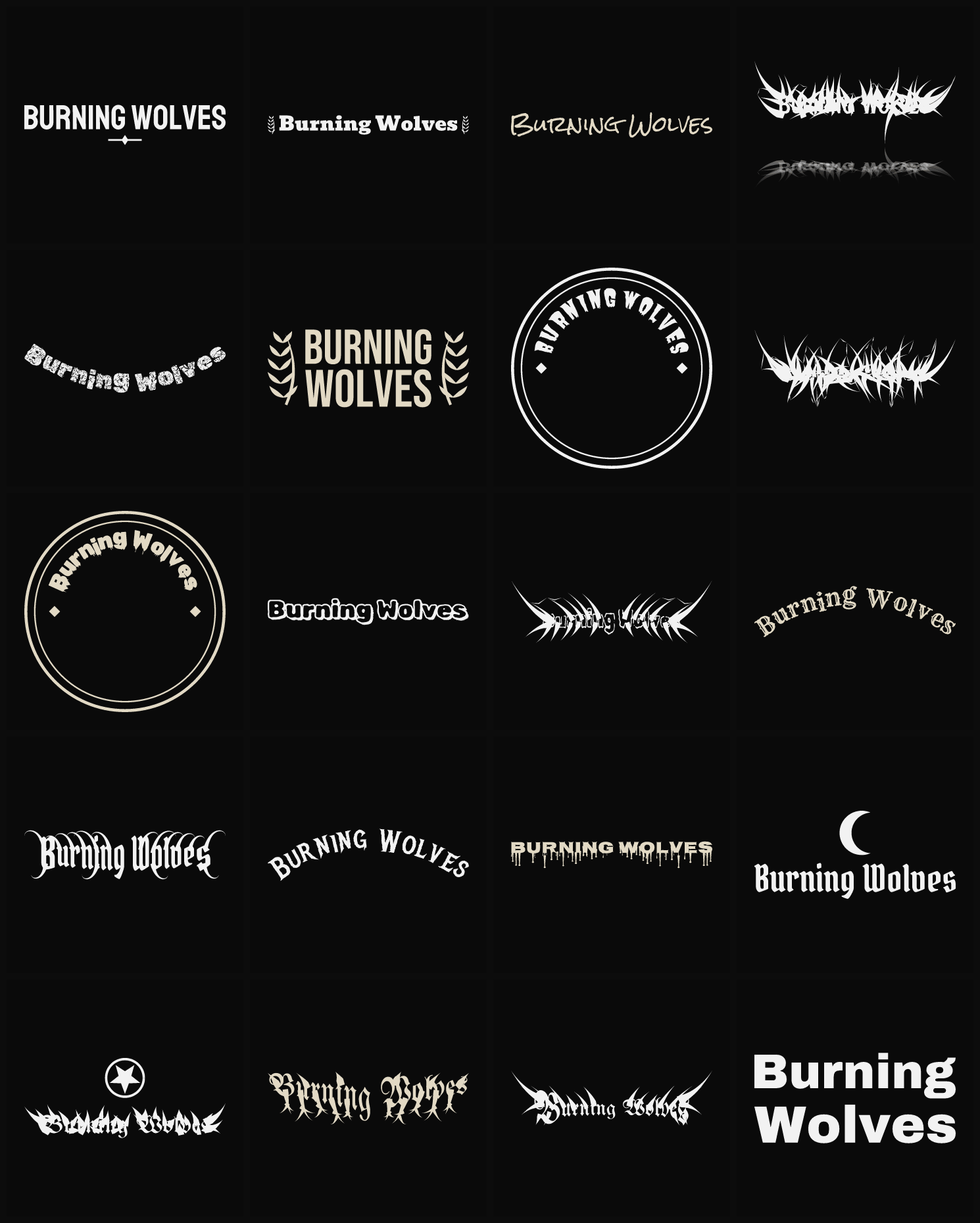 Twenty Burning Wolves band logo ideas — different faces, treatments and spike settings