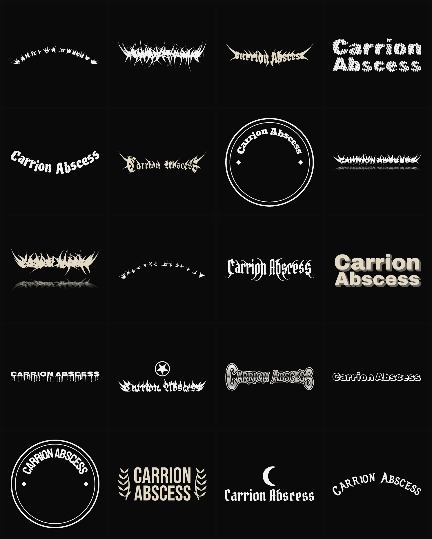 Twenty Carrion Abscess band logo ideas — different faces, treatments and spike settings