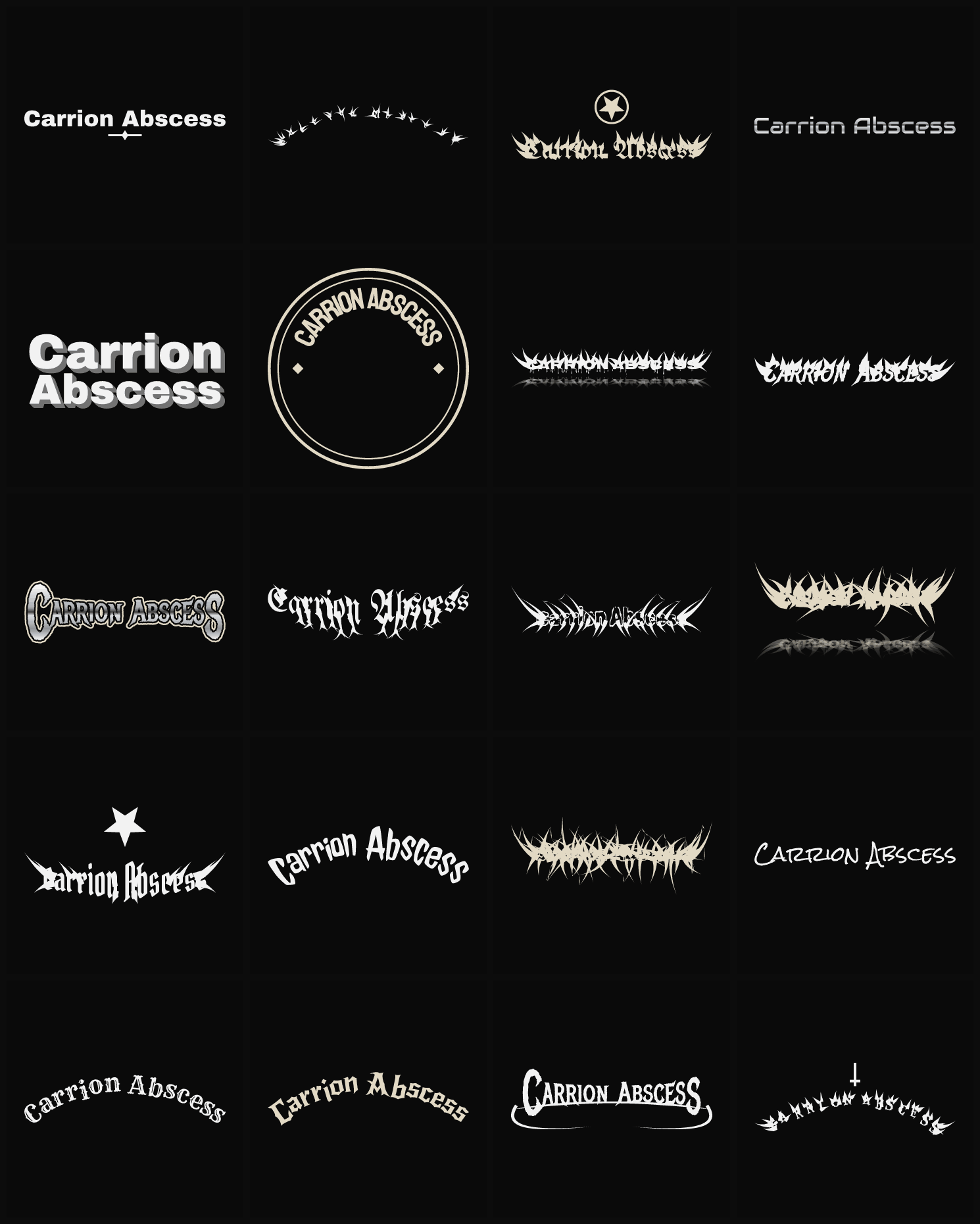 Twenty Carrion Abscess band logo ideas — different faces, treatments and spike settings