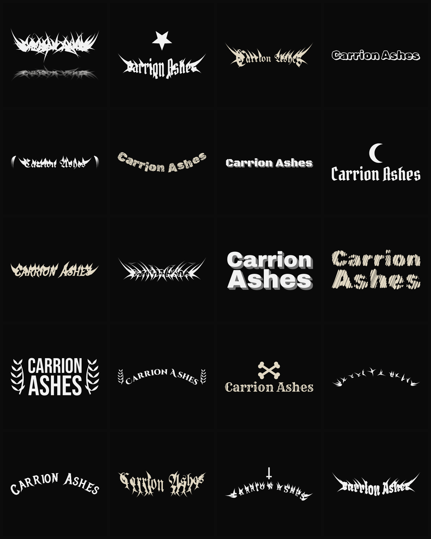 Twenty Carrion Ashes band logo ideas — different faces, treatments and spike settings