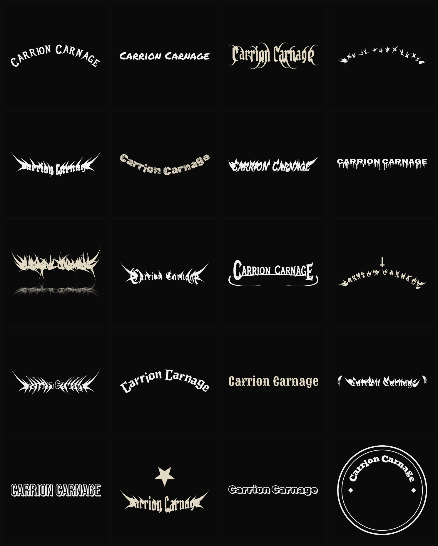 Twenty Carrion Carnage band logo ideas — different faces, treatments and spike settings