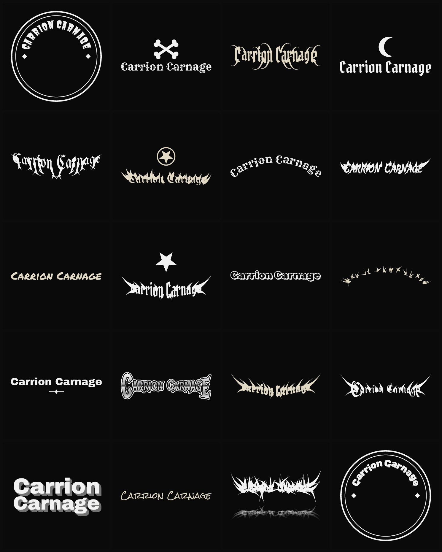 Twenty Carrion Carnage band logo ideas — different faces, treatments and spike settings