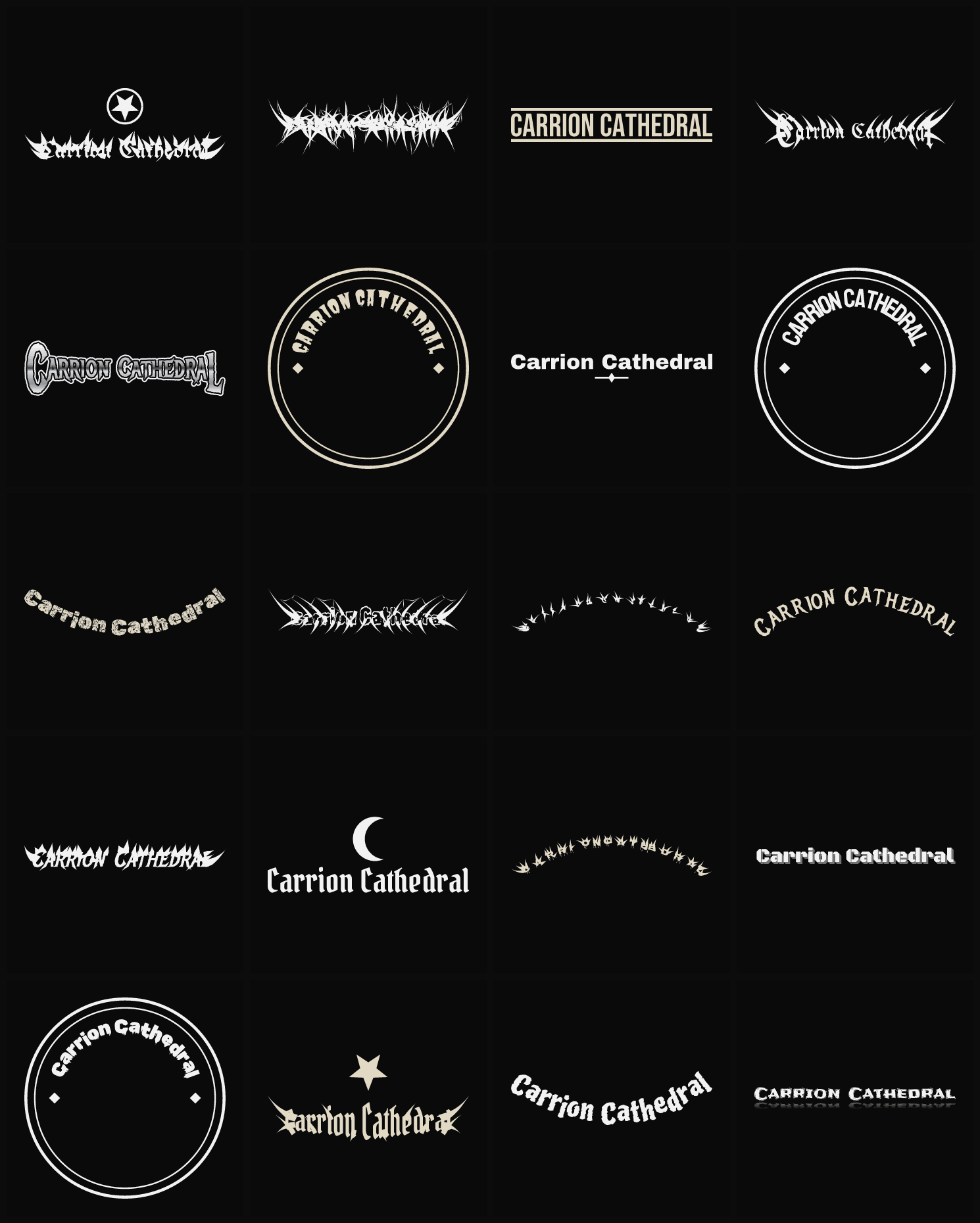 Twenty Carrion Cathedral band logo ideas — different faces, treatments and spike settings
