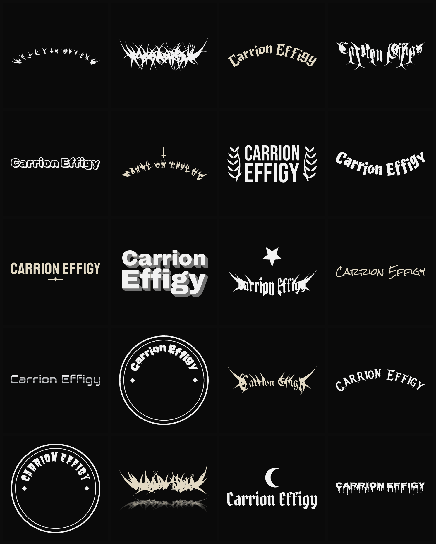 Twenty Carrion Effigy band logo ideas — different faces, treatments and spike settings
