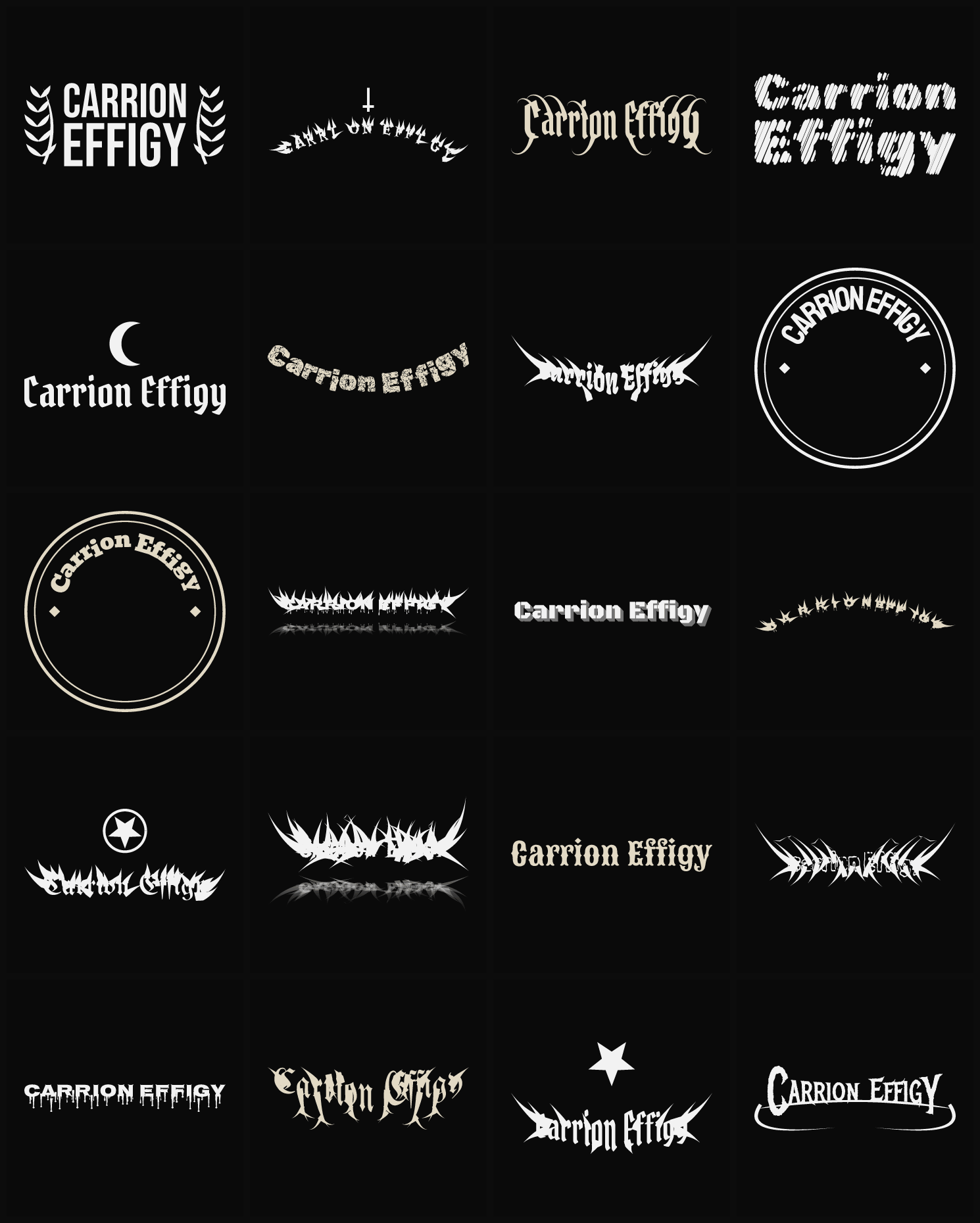 Twenty Carrion Effigy band logo ideas — different faces, treatments and spike settings