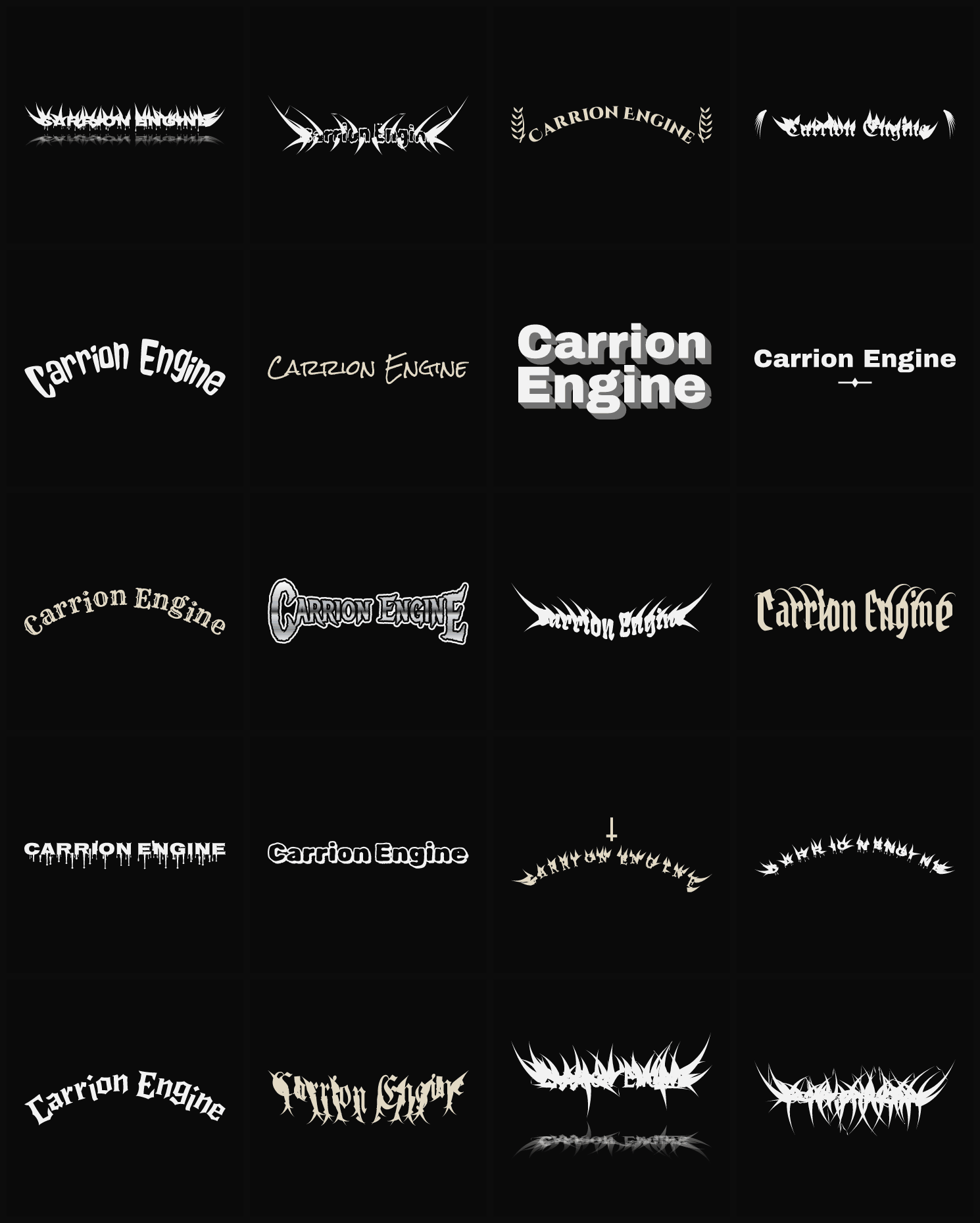 Twenty Carrion Engine band logo ideas — different faces, treatments and spike settings