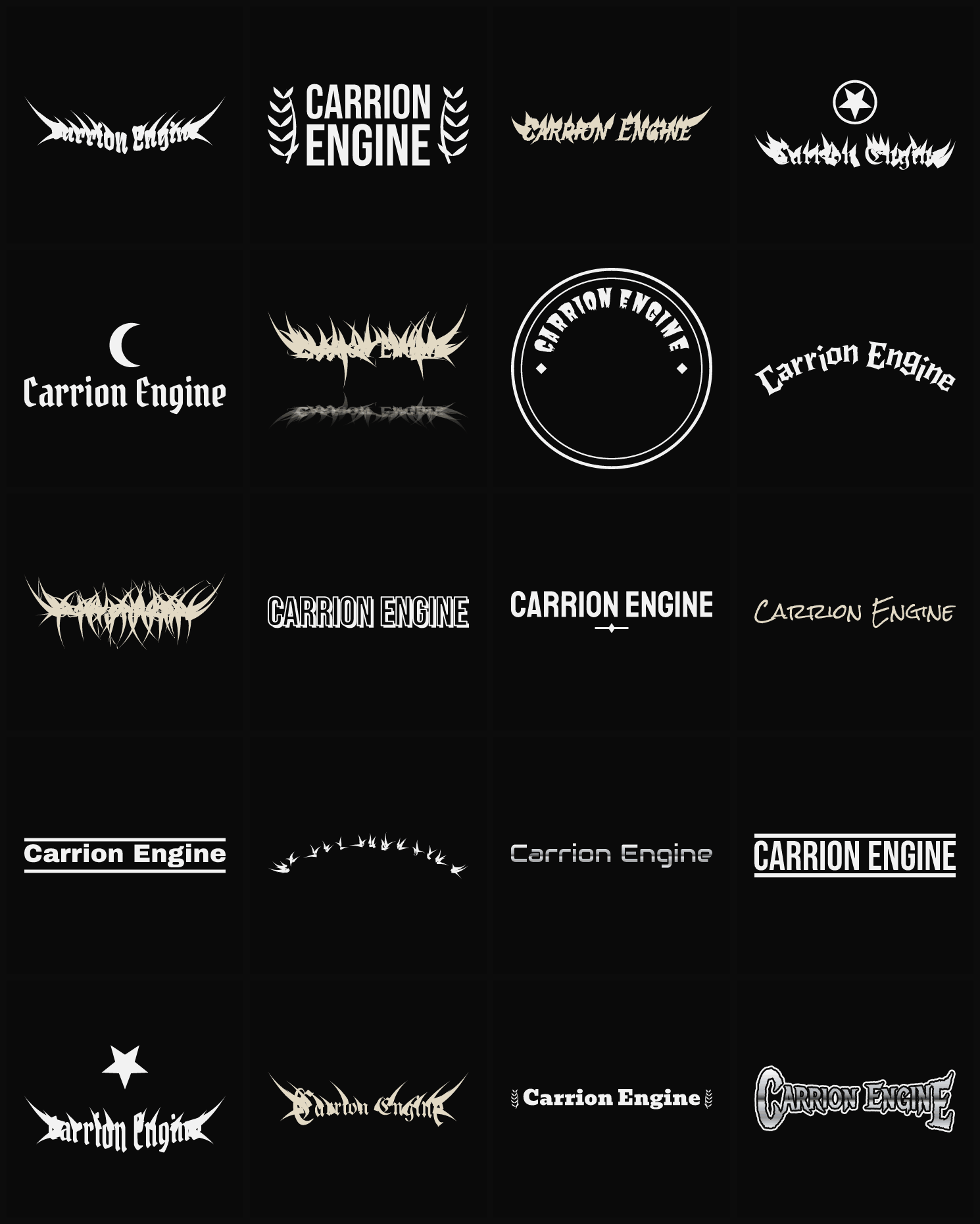 Twenty Carrion Engine band logo ideas — different faces, treatments and spike settings