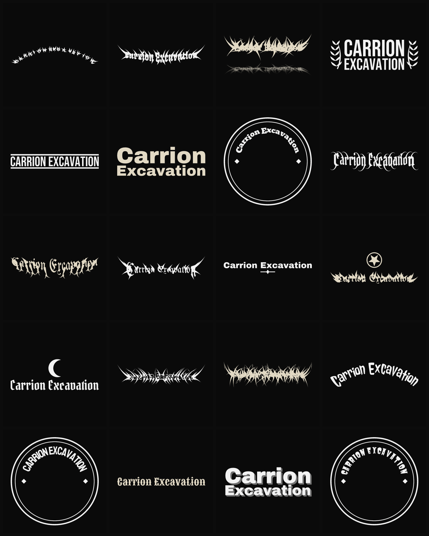 Twenty Carrion Excavation band logo ideas — different faces, treatments and spike settings