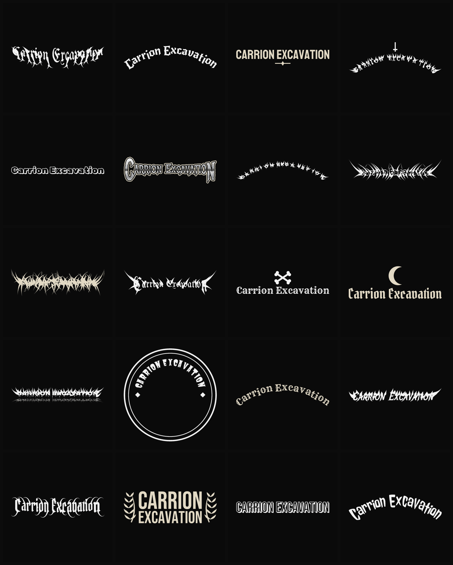 Twenty Carrion Excavation band logo ideas — different faces, treatments and spike settings
