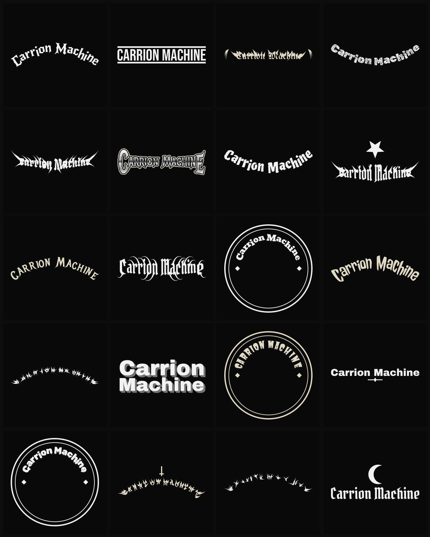 Twenty Carrion Machine band logo ideas — different faces, treatments and spike settings