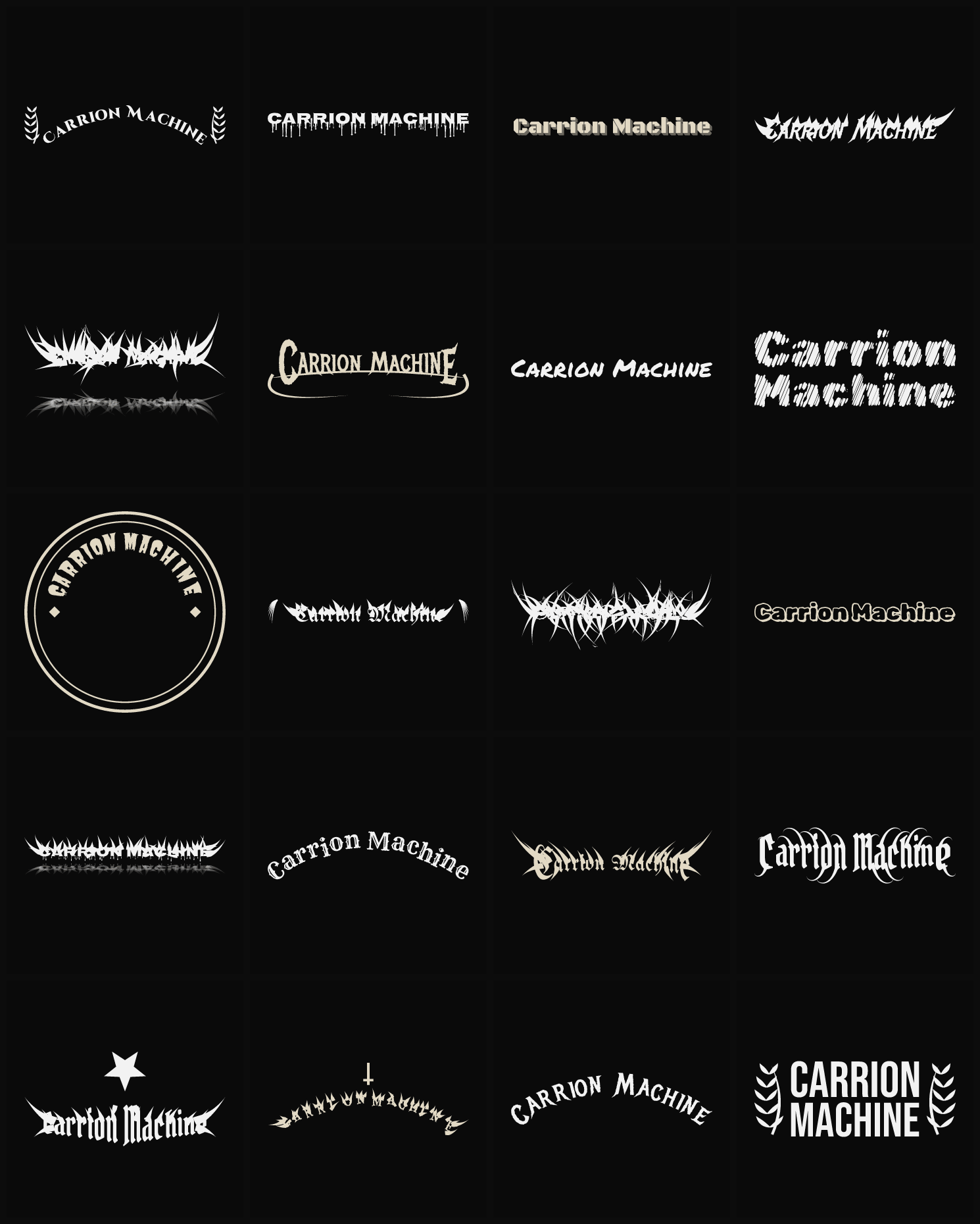 Twenty Carrion Machine band logo ideas — different faces, treatments and spike settings
