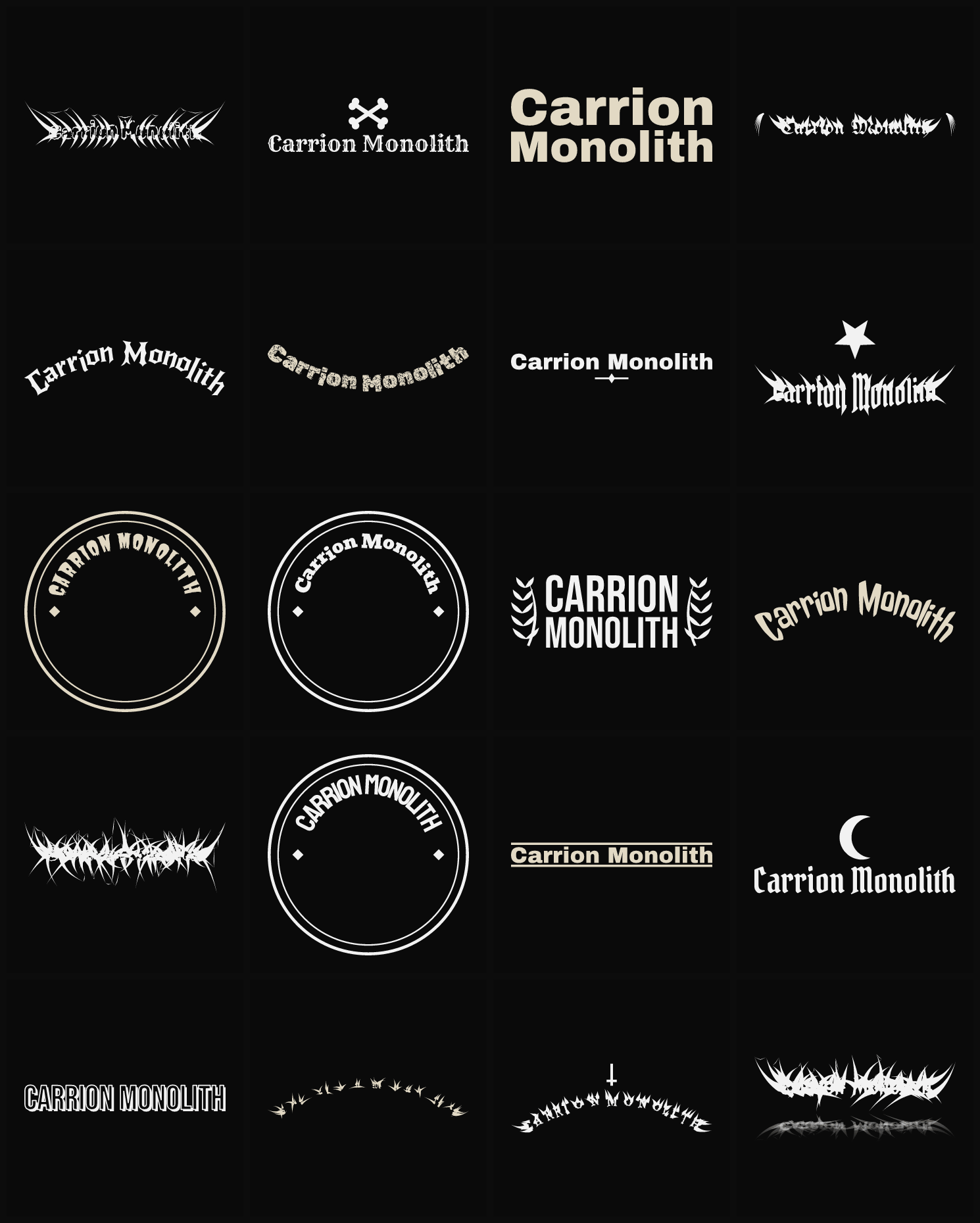 Twenty Carrion Monolith band logo ideas — different faces, treatments and spike settings