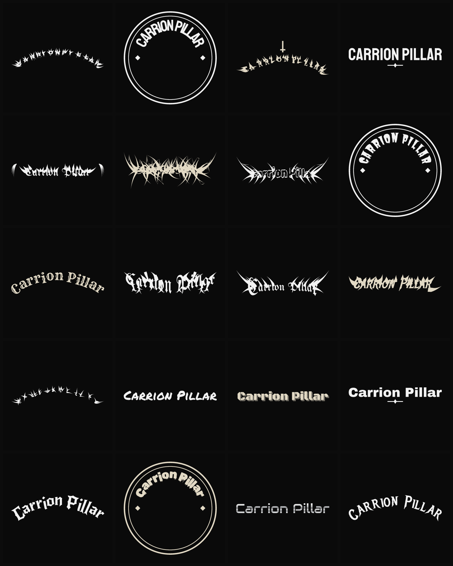 Twenty Carrion Pillar band logo ideas — different faces, treatments and spike settings