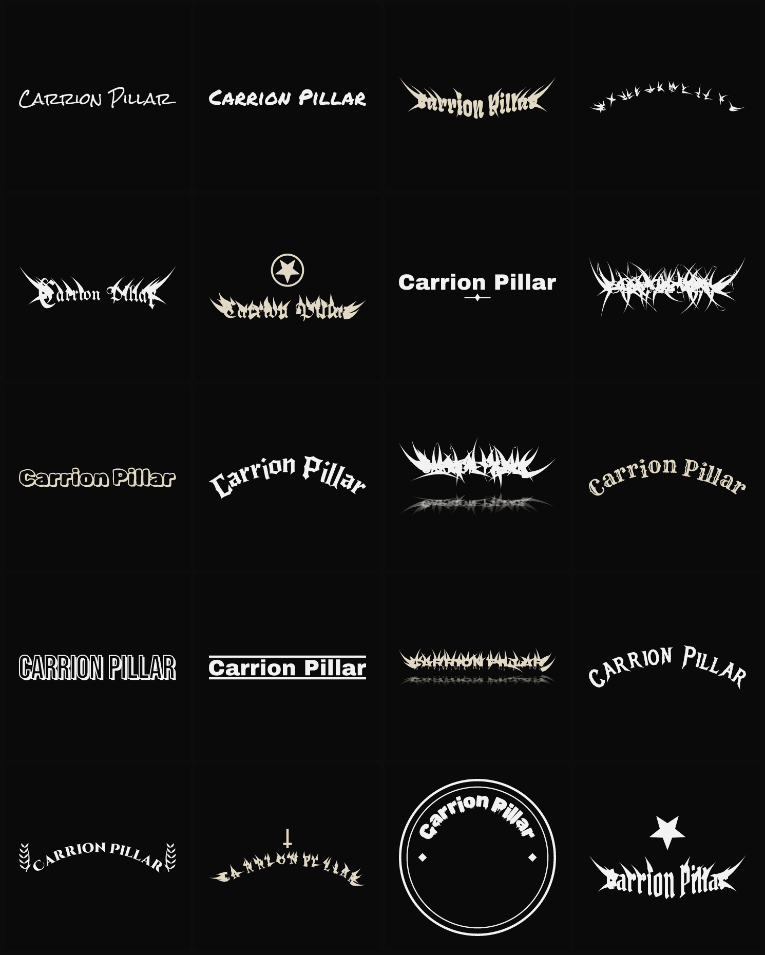 Twenty Carrion Pillar band logo ideas — different faces, treatments and spike settings