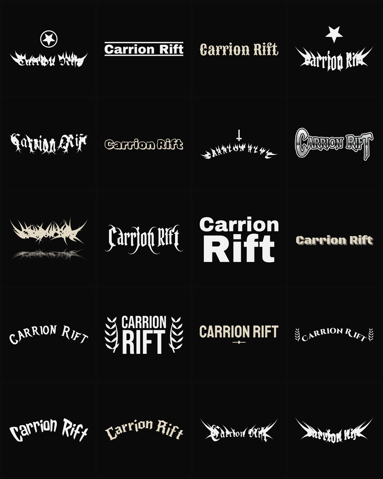 Twenty Carrion Rift band logo ideas — different faces, treatments and spike settings
