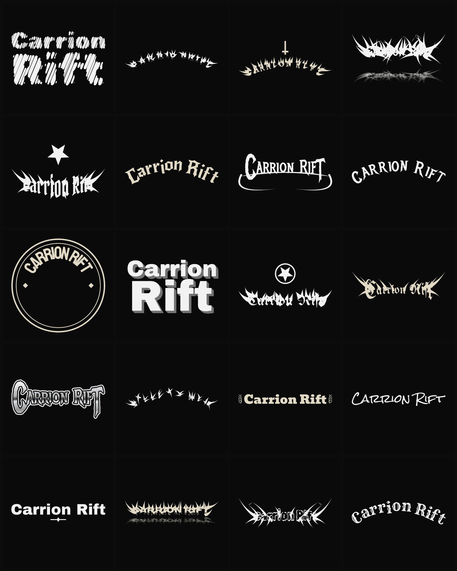 Twenty Carrion Rift band logo ideas — different faces, treatments and spike settings