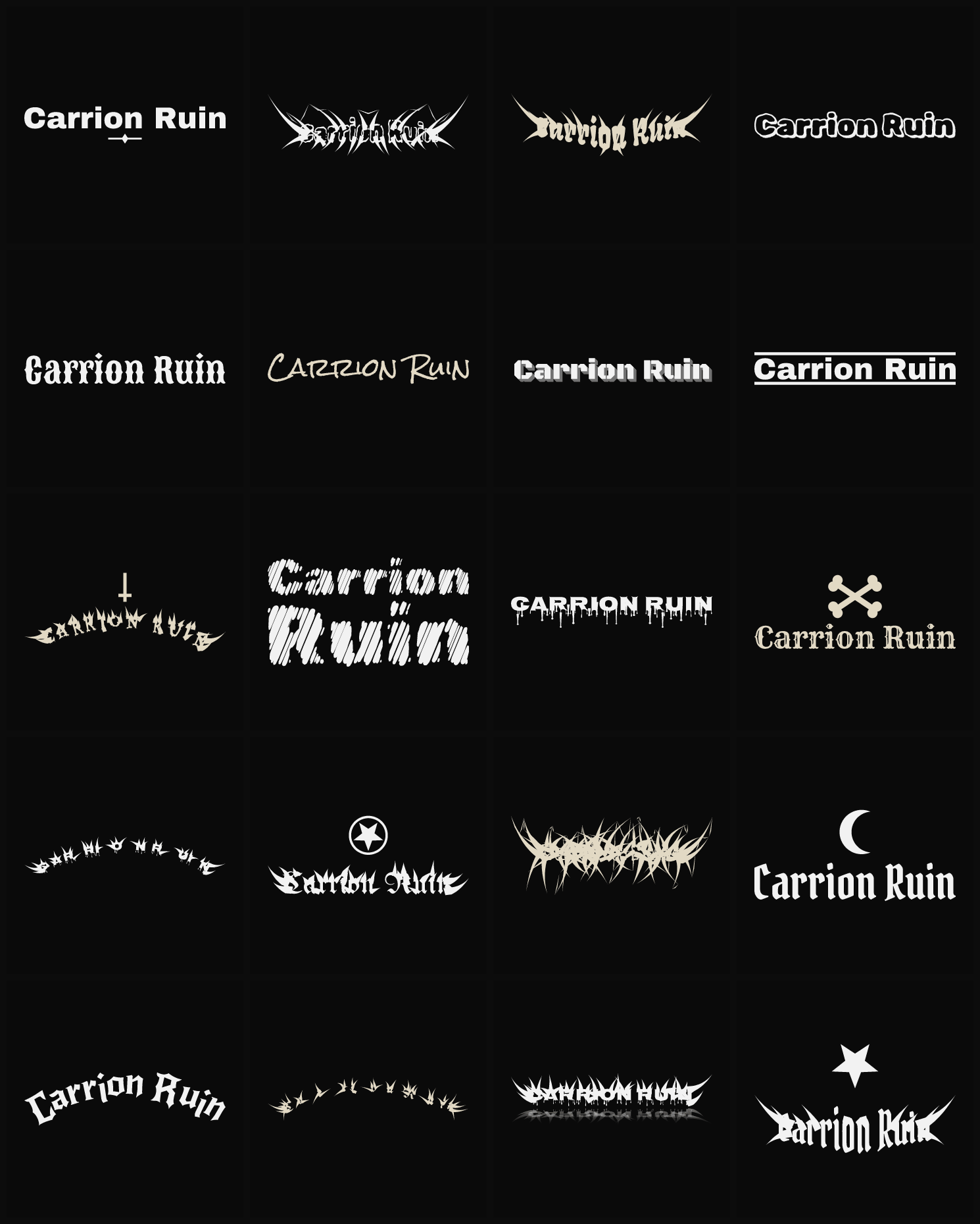 Twenty Carrion Ruin band logo ideas — different faces, treatments and spike settings