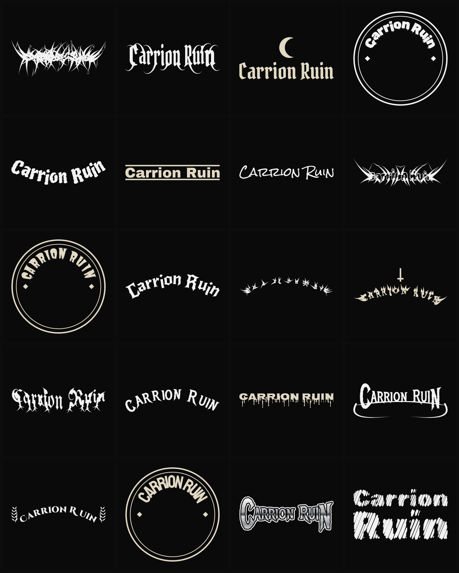 Twenty Carrion Ruin band logo ideas — different faces, treatments and spike settings