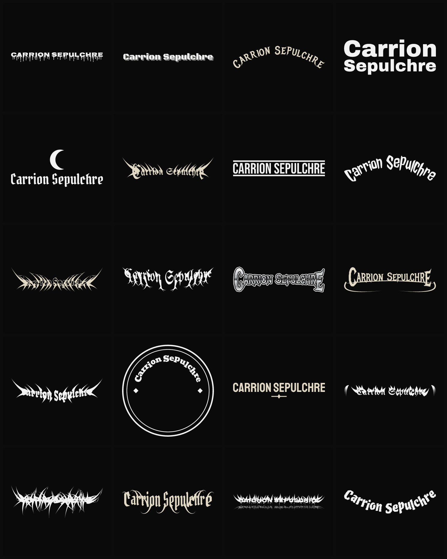 Twenty Carrion Sepulchre band logo ideas — different faces, treatments and spike settings