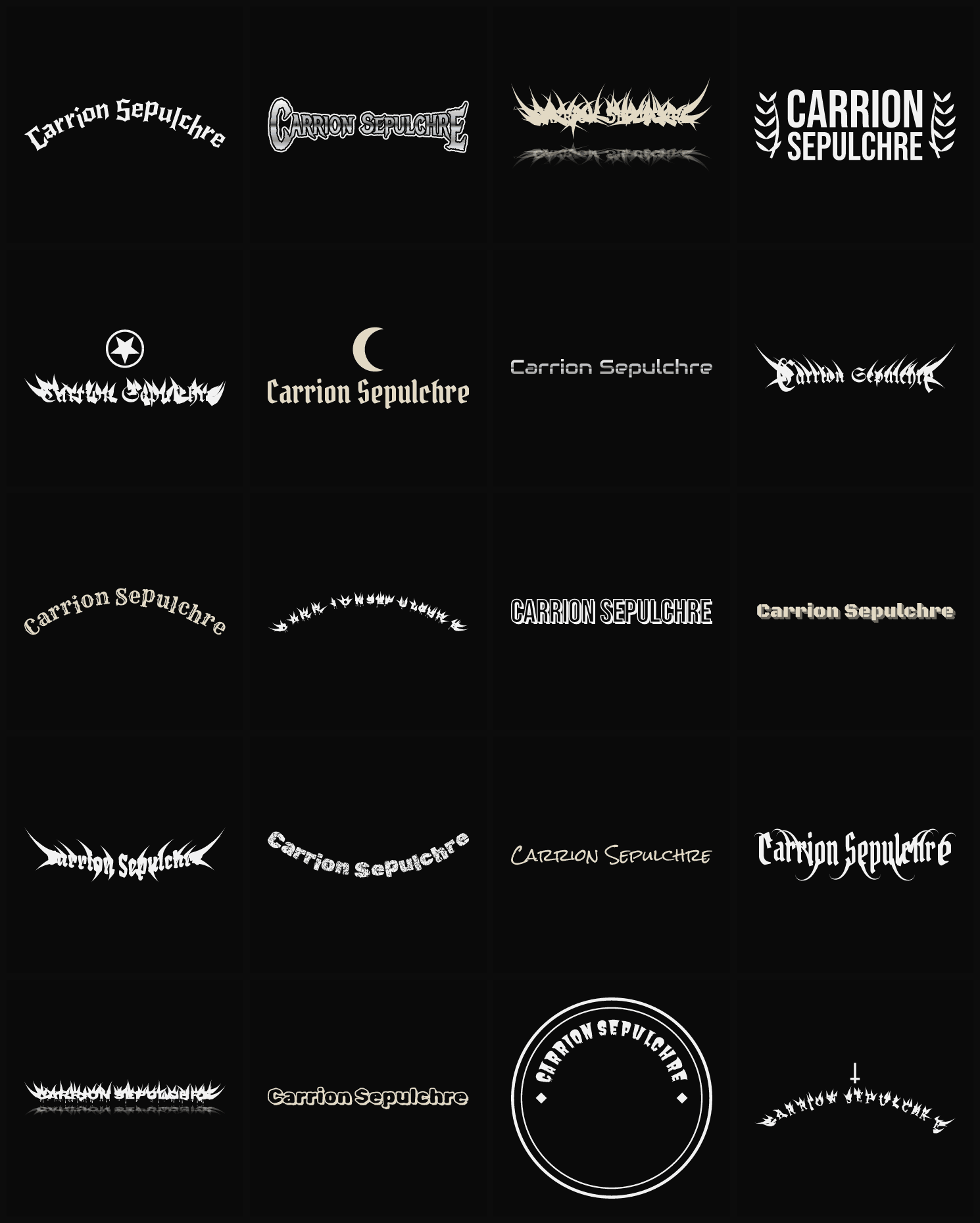 Twenty Carrion Sepulchre band logo ideas — different faces, treatments and spike settings