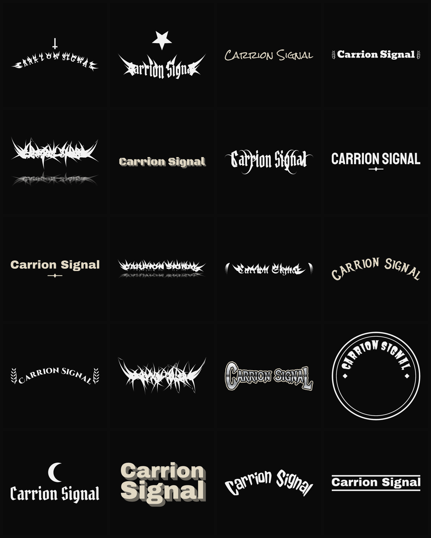 Twenty Carrion Signal band logo ideas — different faces, treatments and spike settings