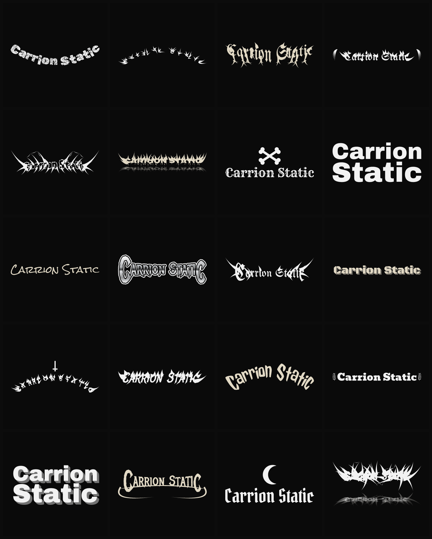 Twenty Carrion Static band logo ideas — different faces, treatments and spike settings