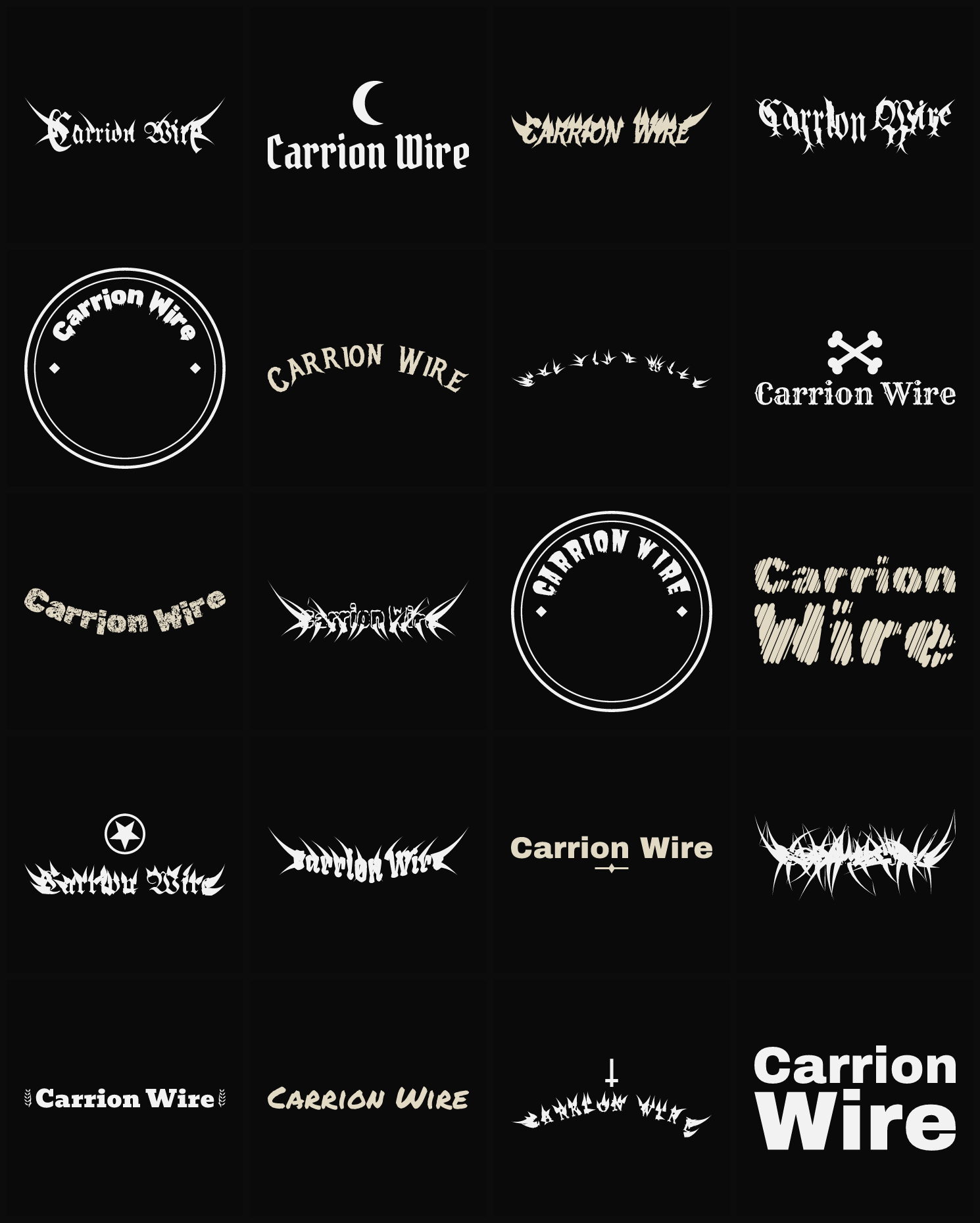 Twenty Carrion Wire band logo ideas — different faces, treatments and spike settings