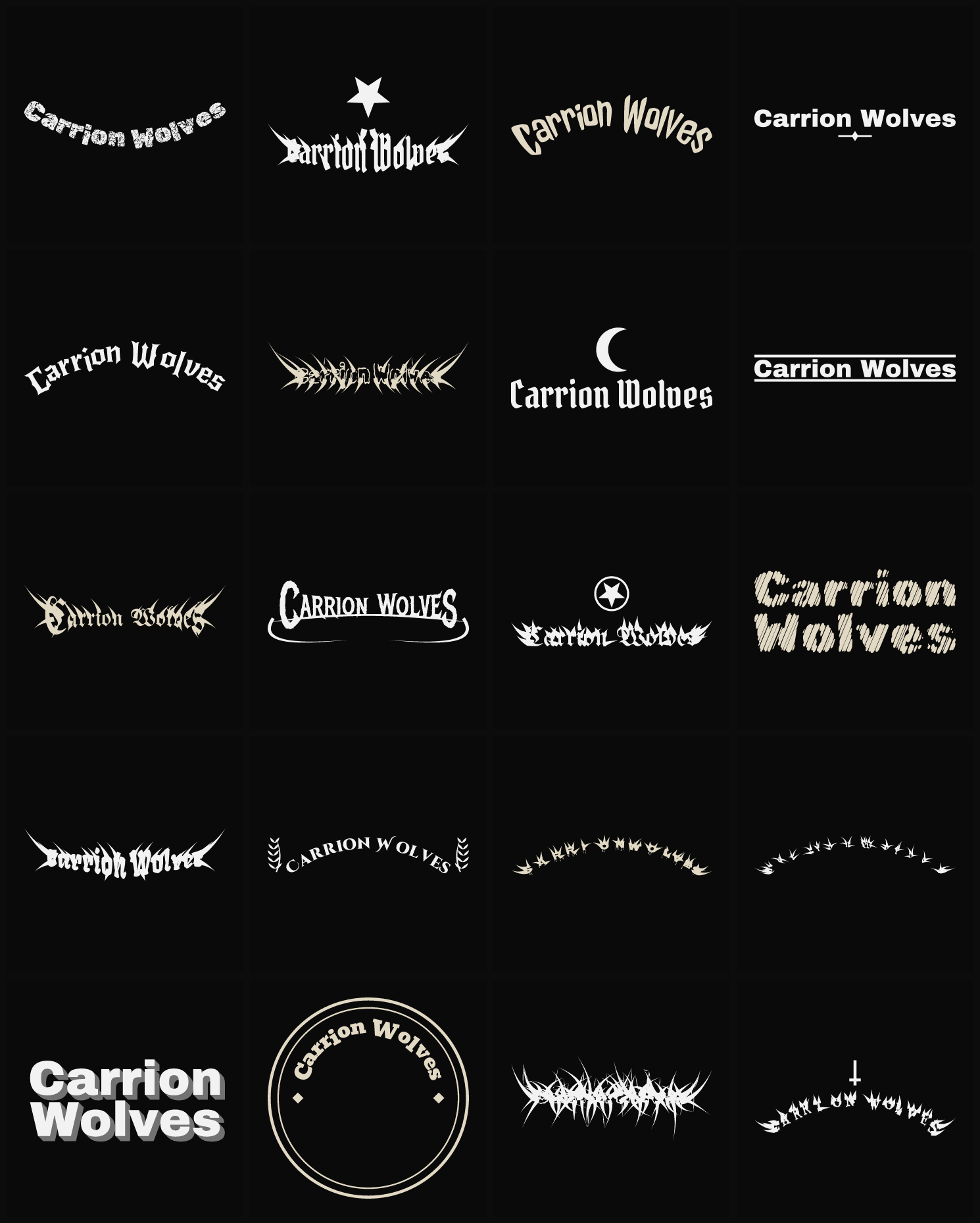 Twenty Carrion Wolves band logo ideas — different faces, treatments and spike settings