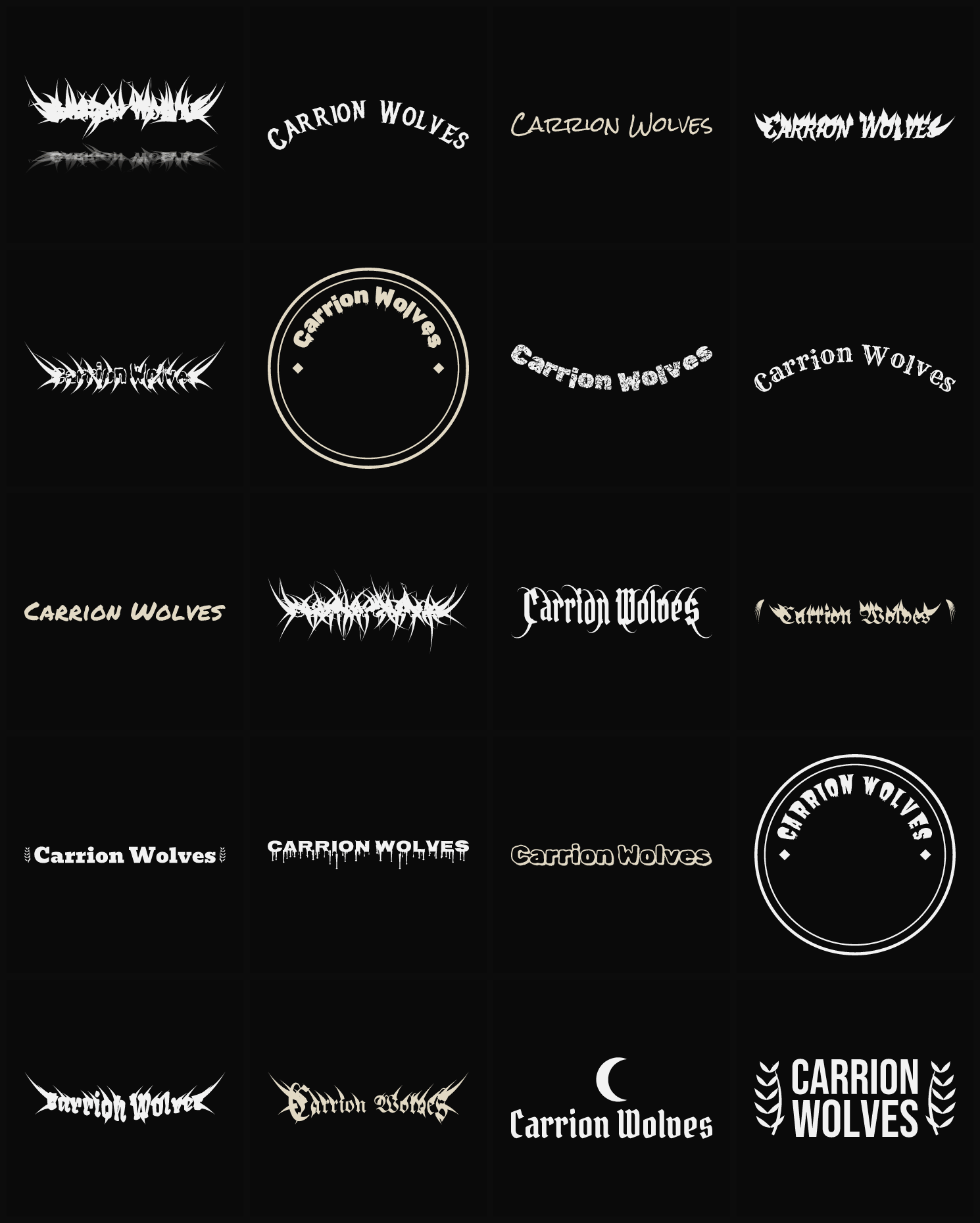Twenty Carrion Wolves band logo ideas — different faces, treatments and spike settings
