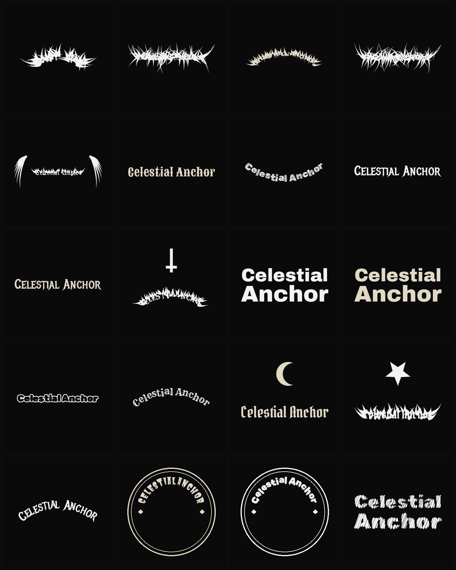Twenty Celestial Anchor band logo ideas — different faces, treatments and spike settings
