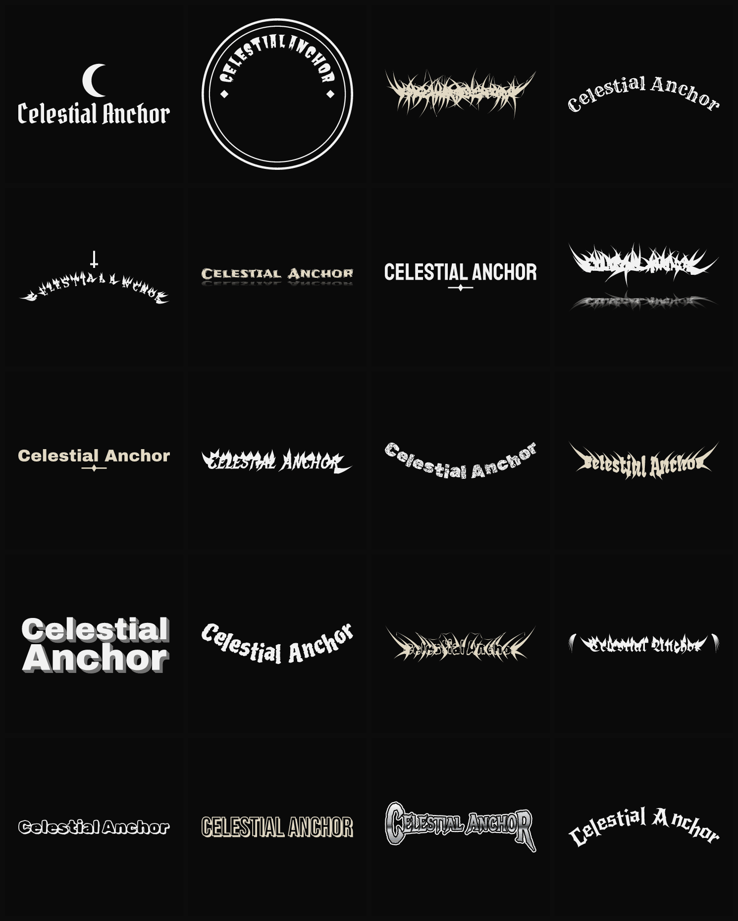 Twenty Celestial Anchor band logo ideas — different faces, treatments and spike settings