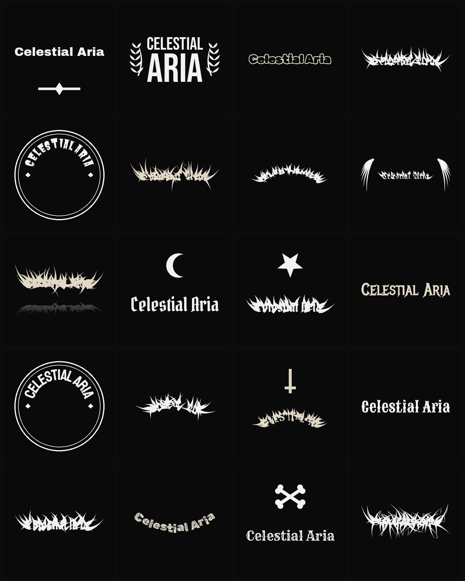 Twenty Celestial Aria band logo ideas — different faces, treatments and spike settings