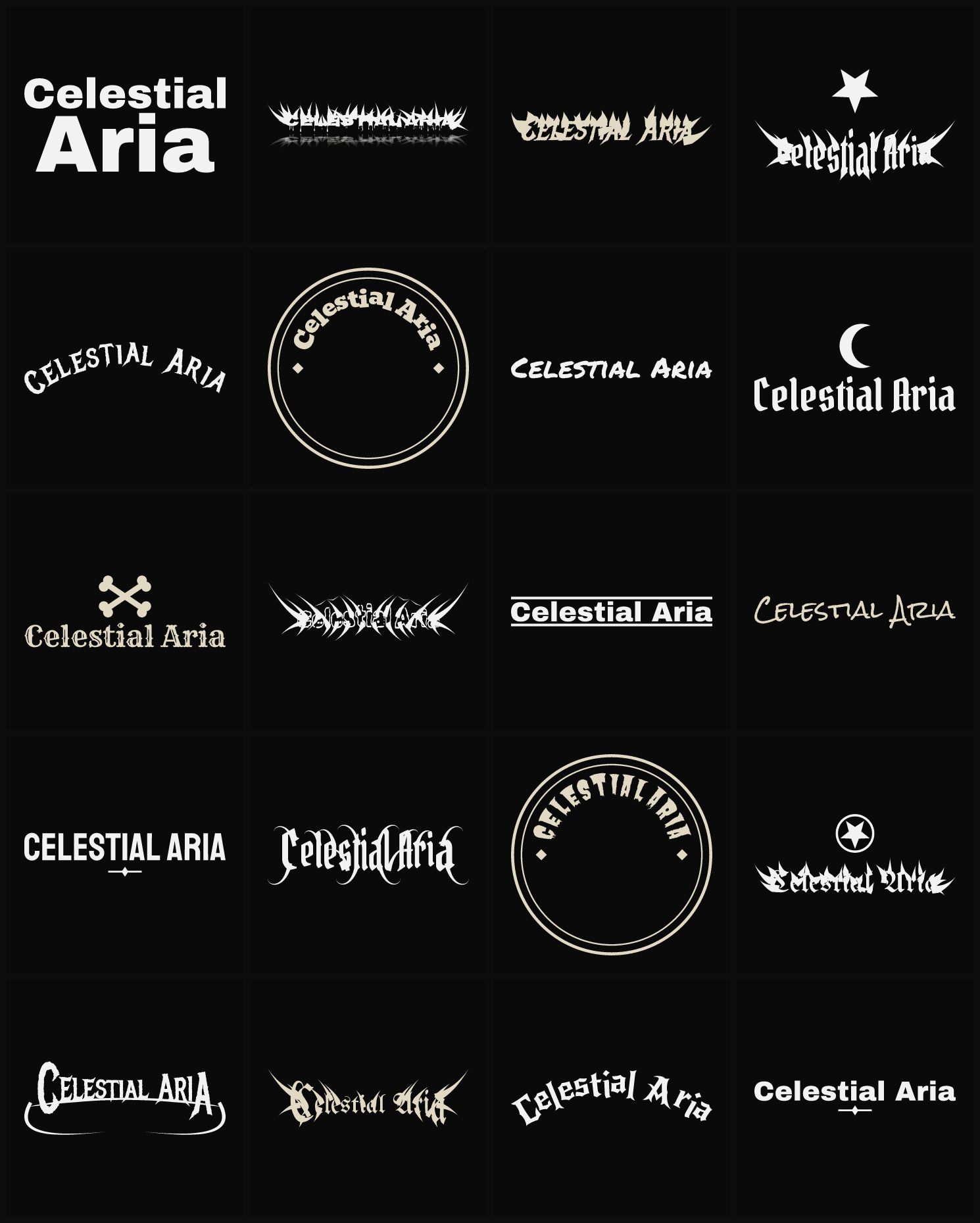 Twenty Celestial Aria band logo ideas — different faces, treatments and spike settings