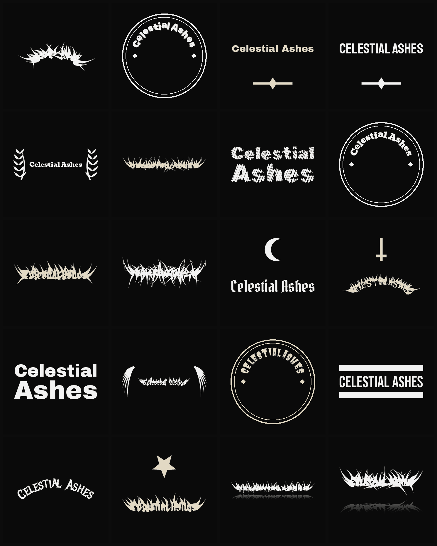 Twenty Celestial Ashes band logo ideas — different faces, treatments and spike settings