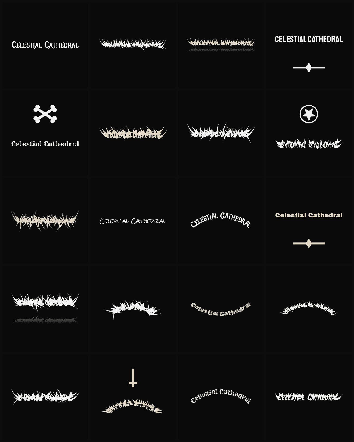 Twenty Celestial Cathedral band logo ideas — different faces, treatments and spike settings