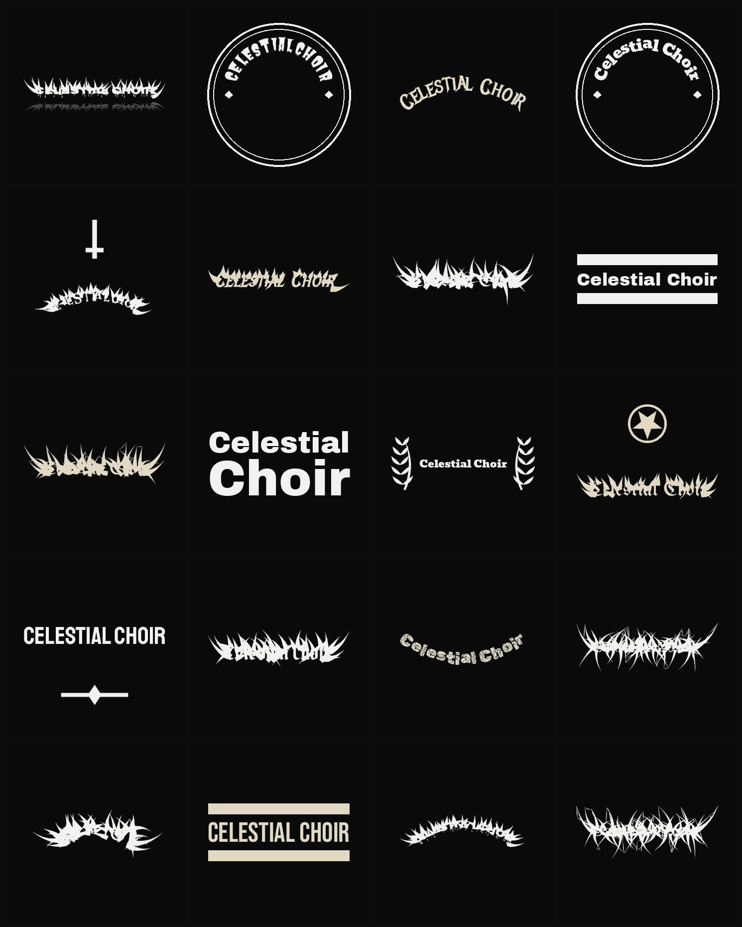Twenty Celestial Choir band logo ideas — different faces, treatments and spike settings