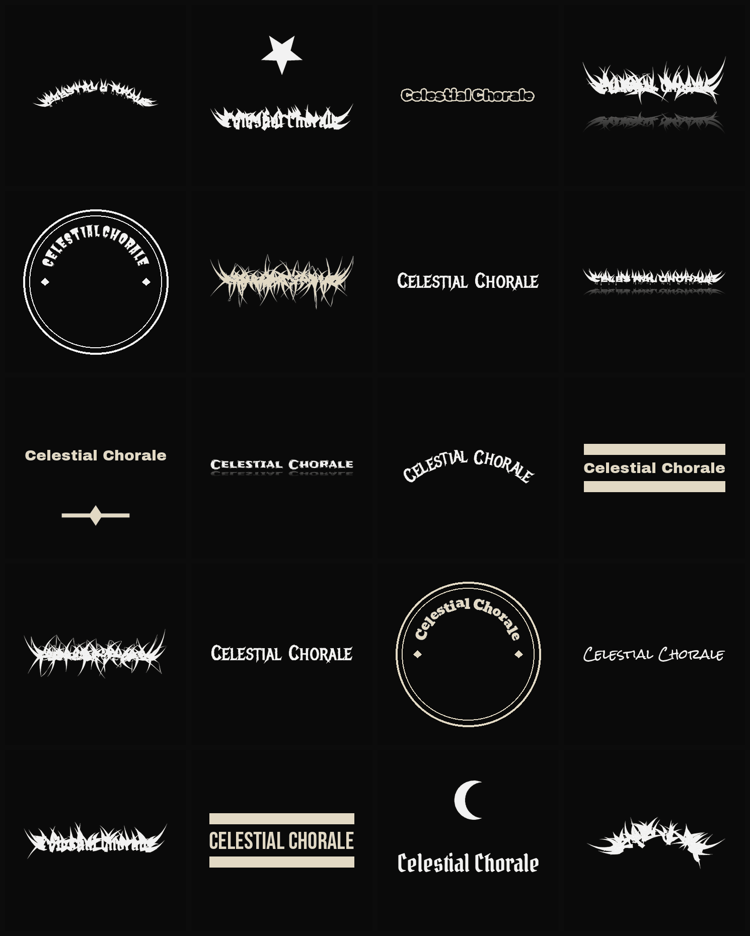 Twenty Celestial Chorale band logo ideas — different faces, treatments and spike settings
