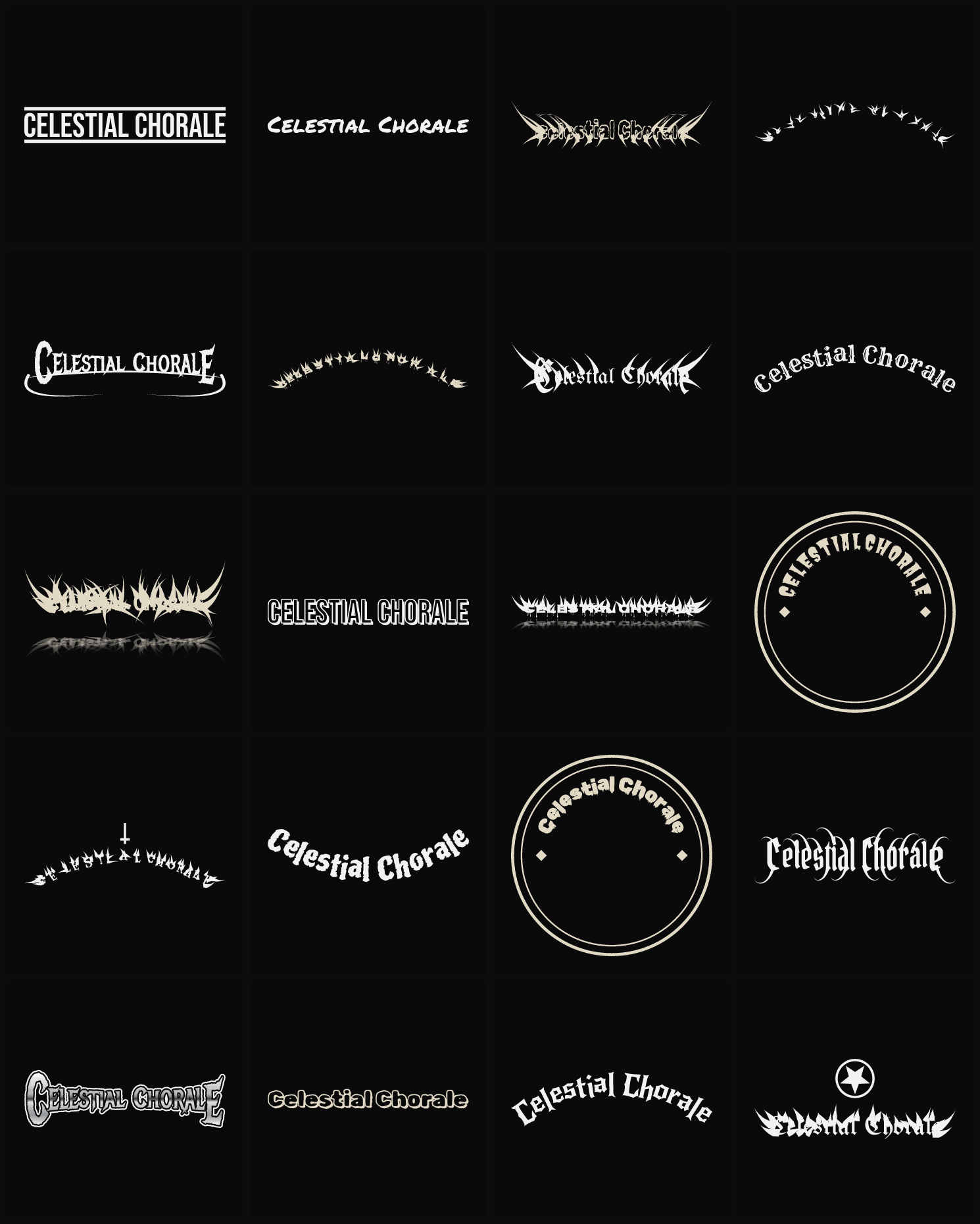 Twenty Celestial Chorale band logo ideas — different faces, treatments and spike settings