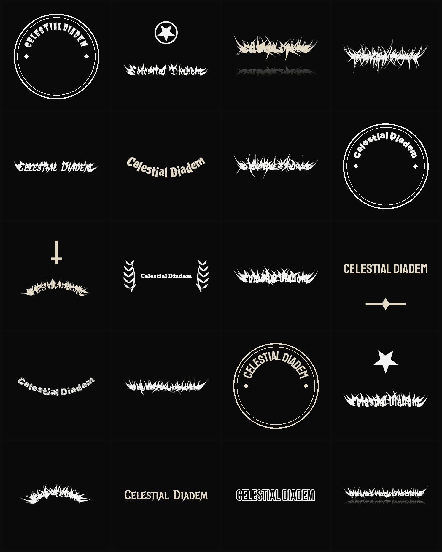 Twenty Celestial Diadem band logo ideas — different faces, treatments and spike settings