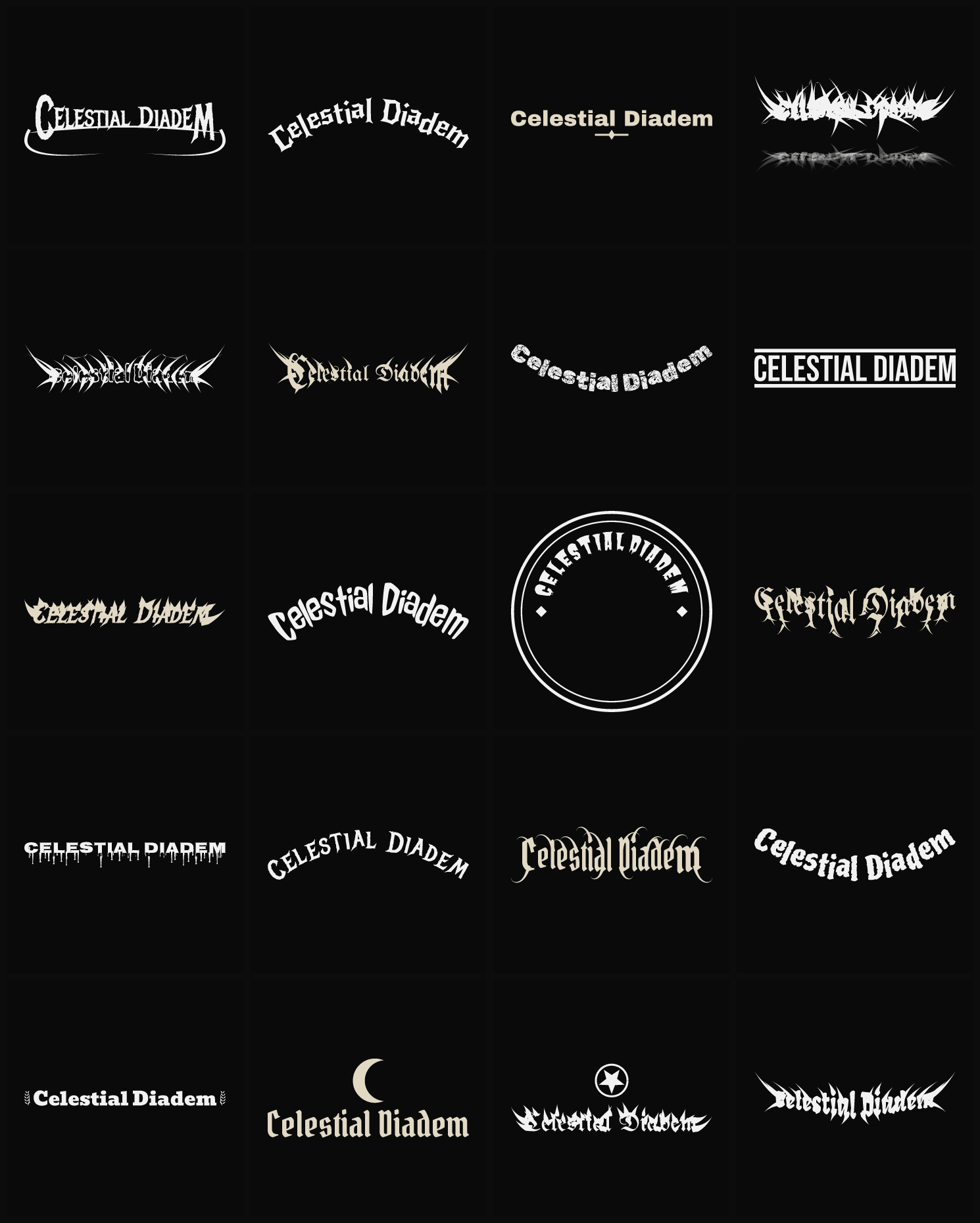 Twenty Celestial Diadem band logo ideas — different faces, treatments and spike settings