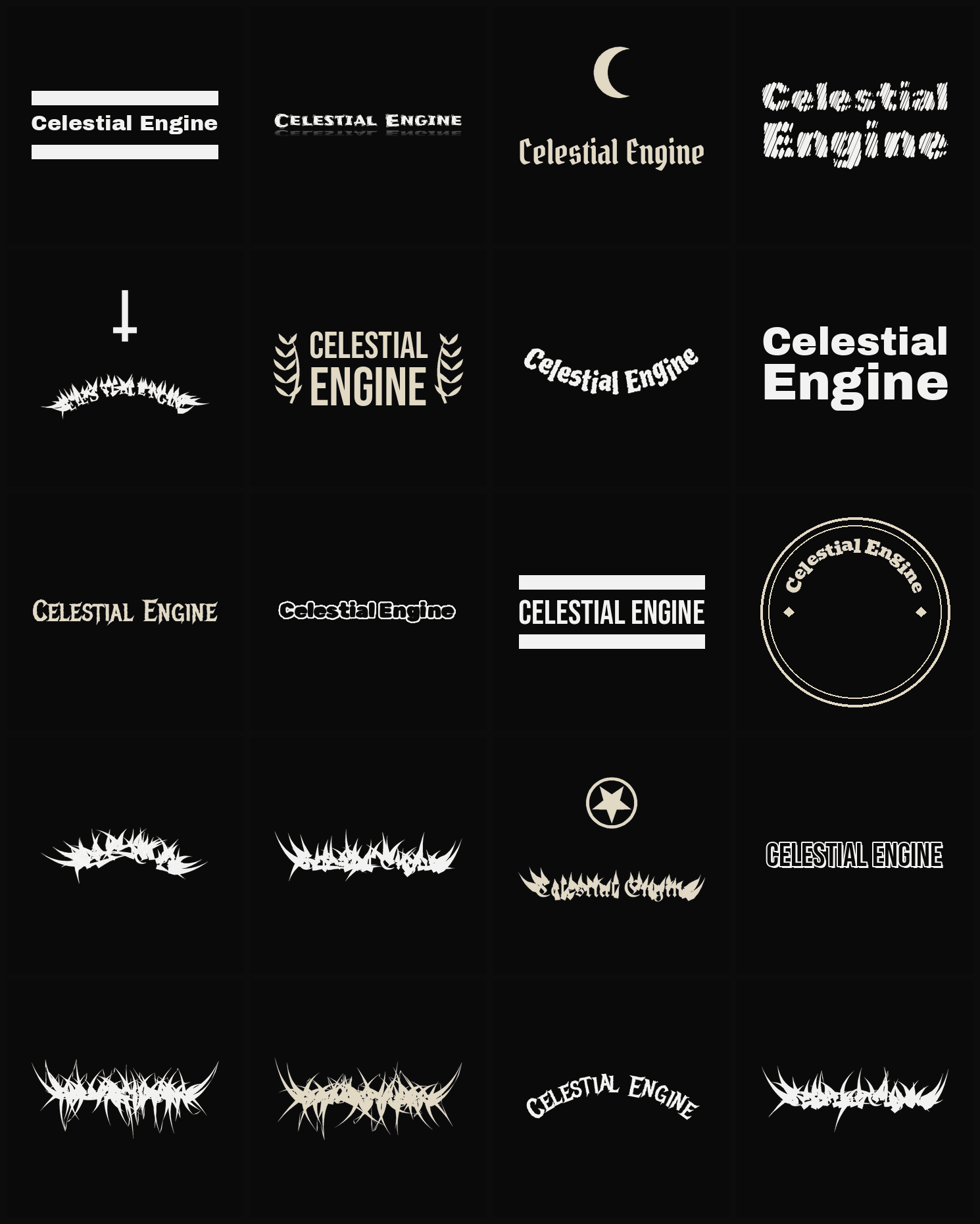 Twenty Celestial Engine band logo ideas — different faces, treatments and spike settings