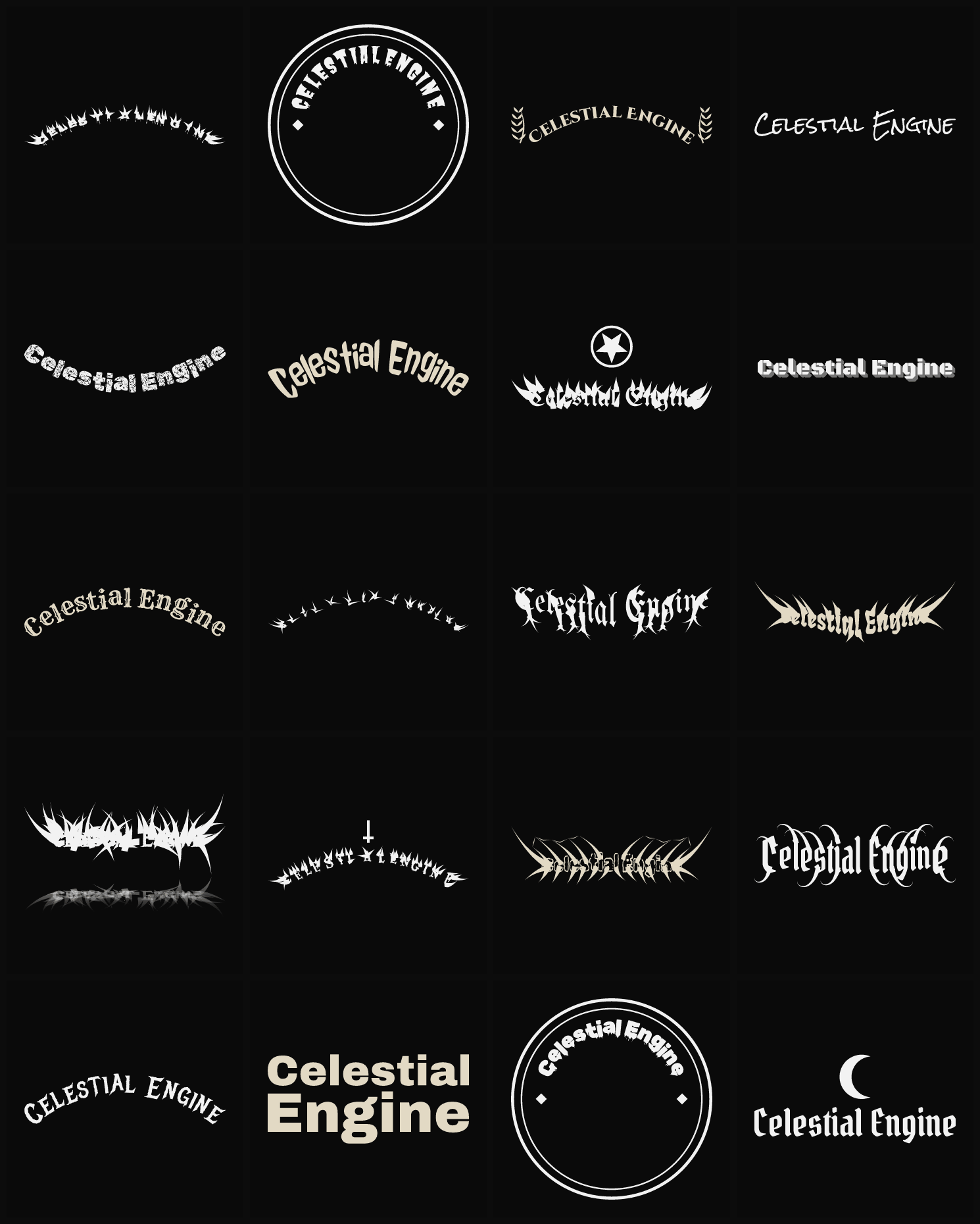 Twenty Celestial Engine band logo ideas — different faces, treatments and spike settings