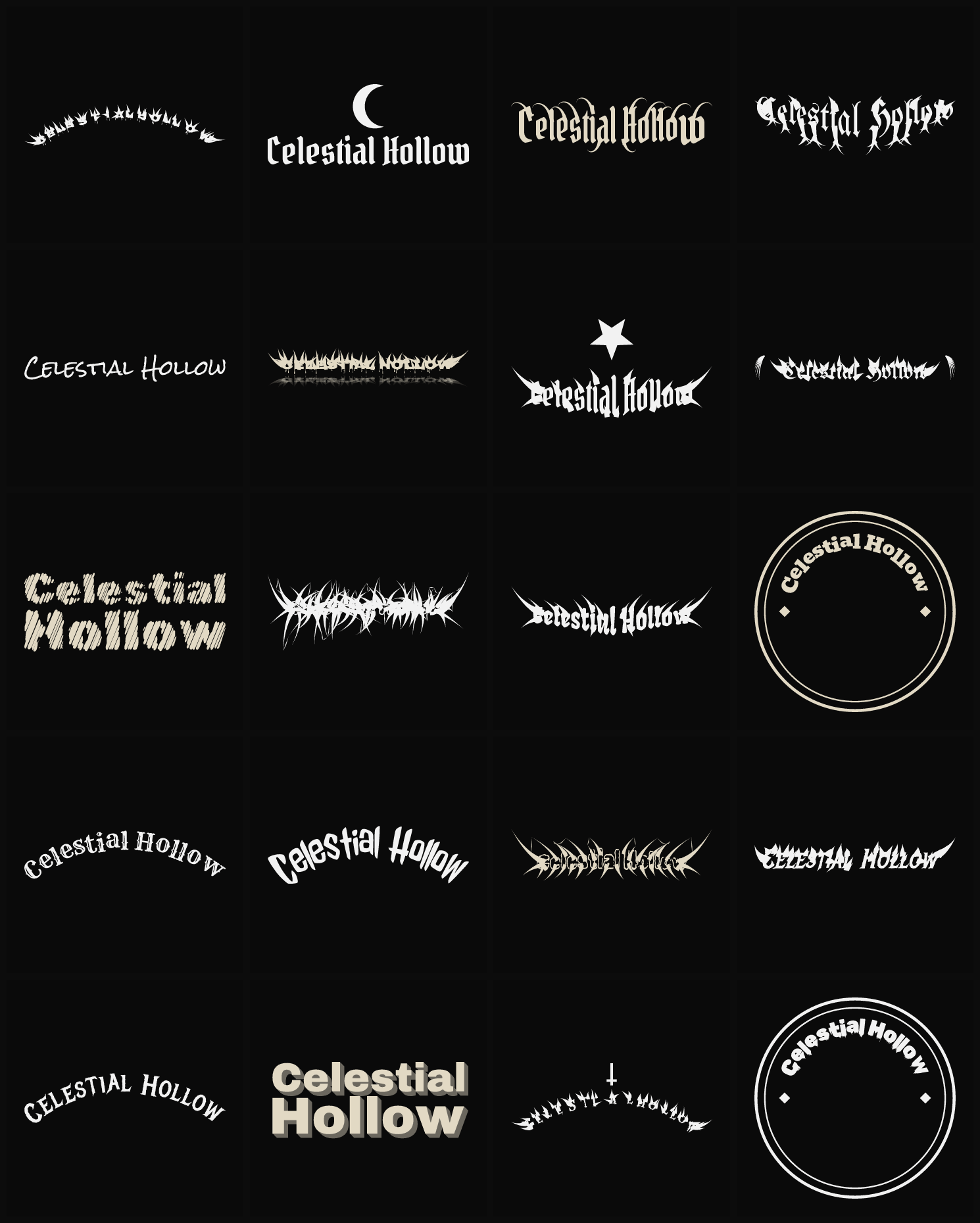 Twenty Celestial Hollow band logo ideas — different faces, treatments and spike settings