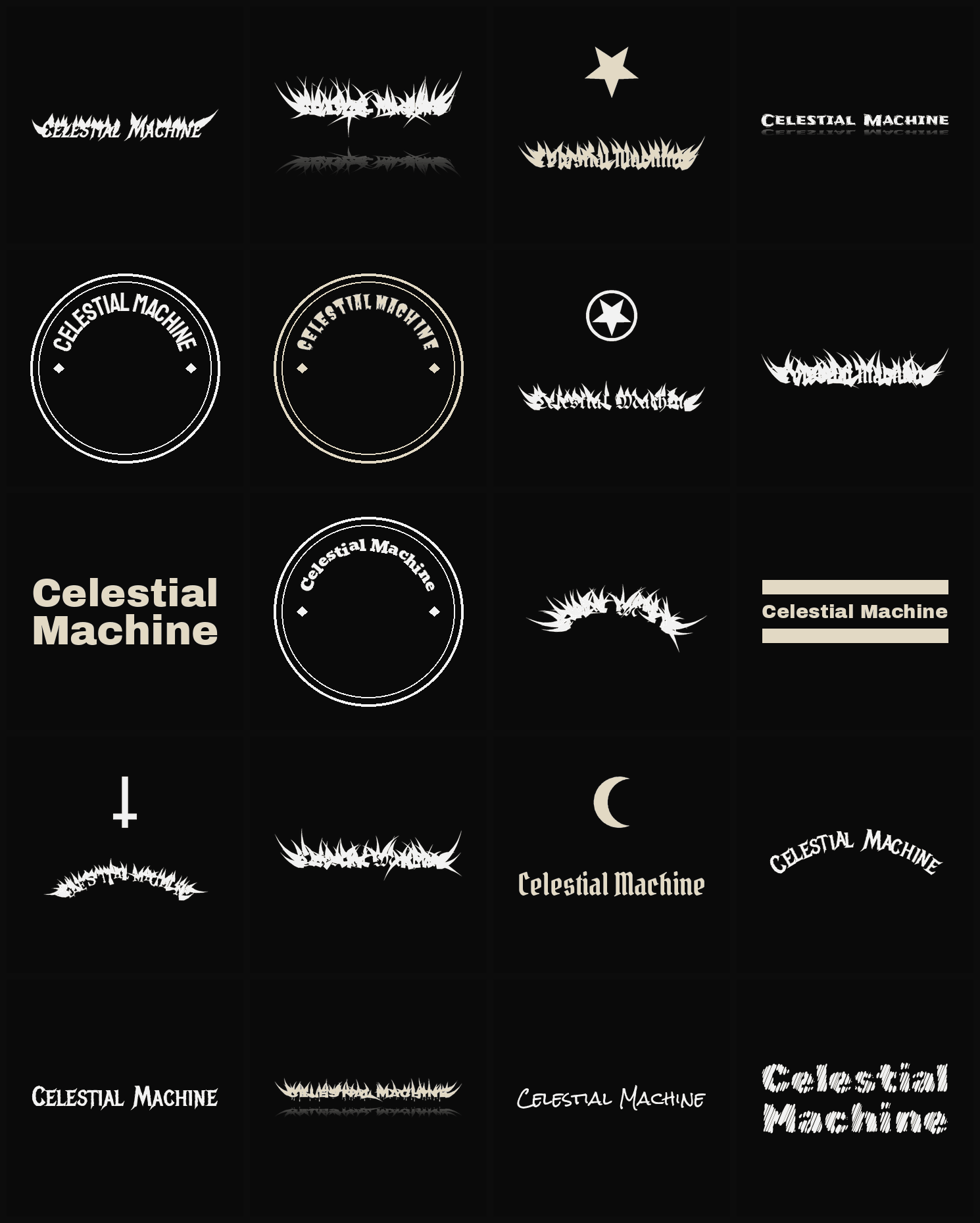 Twenty Celestial Machine band logo ideas — different faces, treatments and spike settings