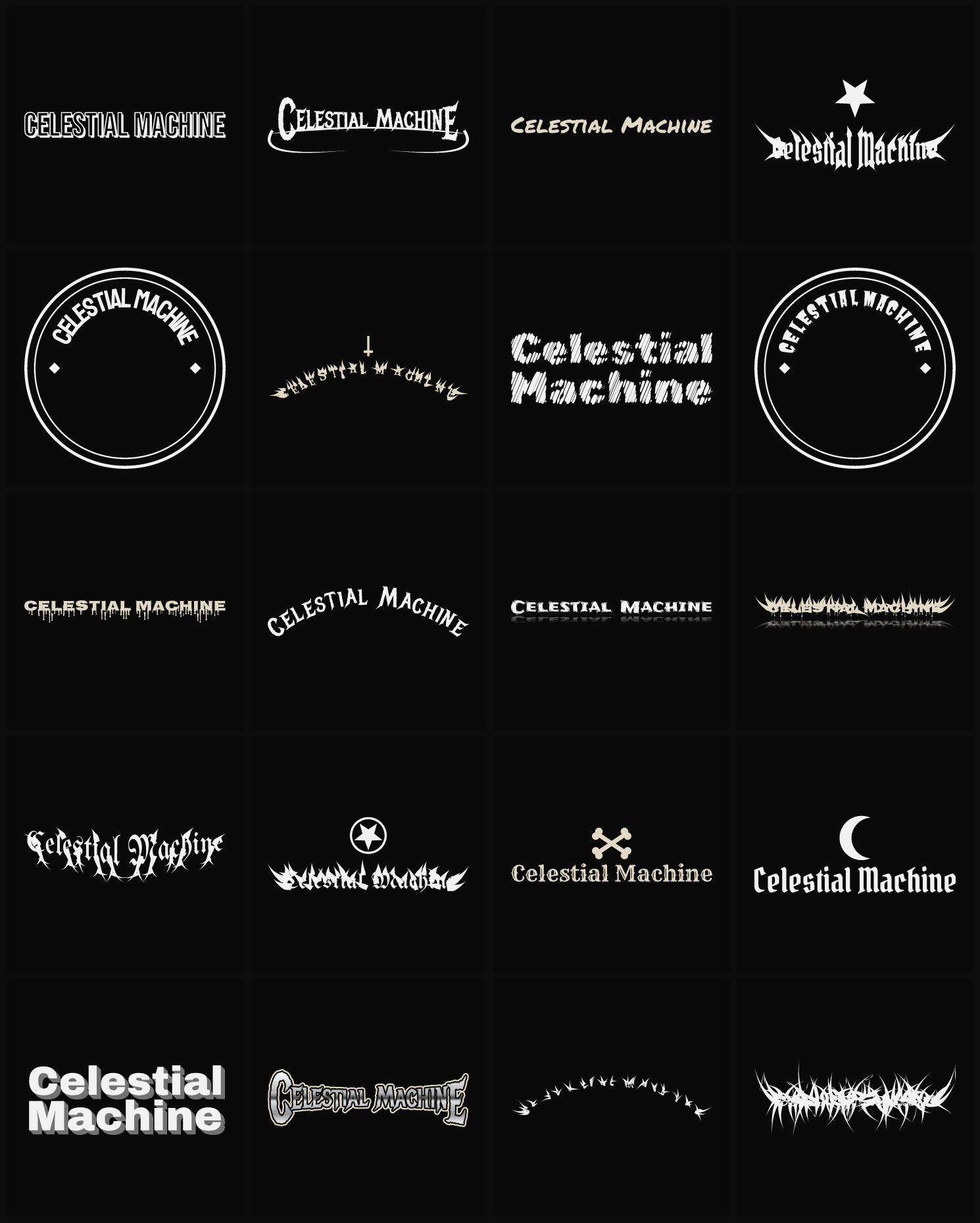 Twenty Celestial Machine band logo ideas — different faces, treatments and spike settings